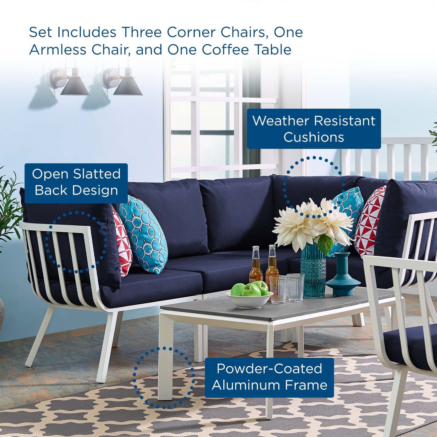 Riverside 5 Piece Outdoor Patio Aluminum Set, Aluminum, Metal, Steel, White Blue Navy, 18470