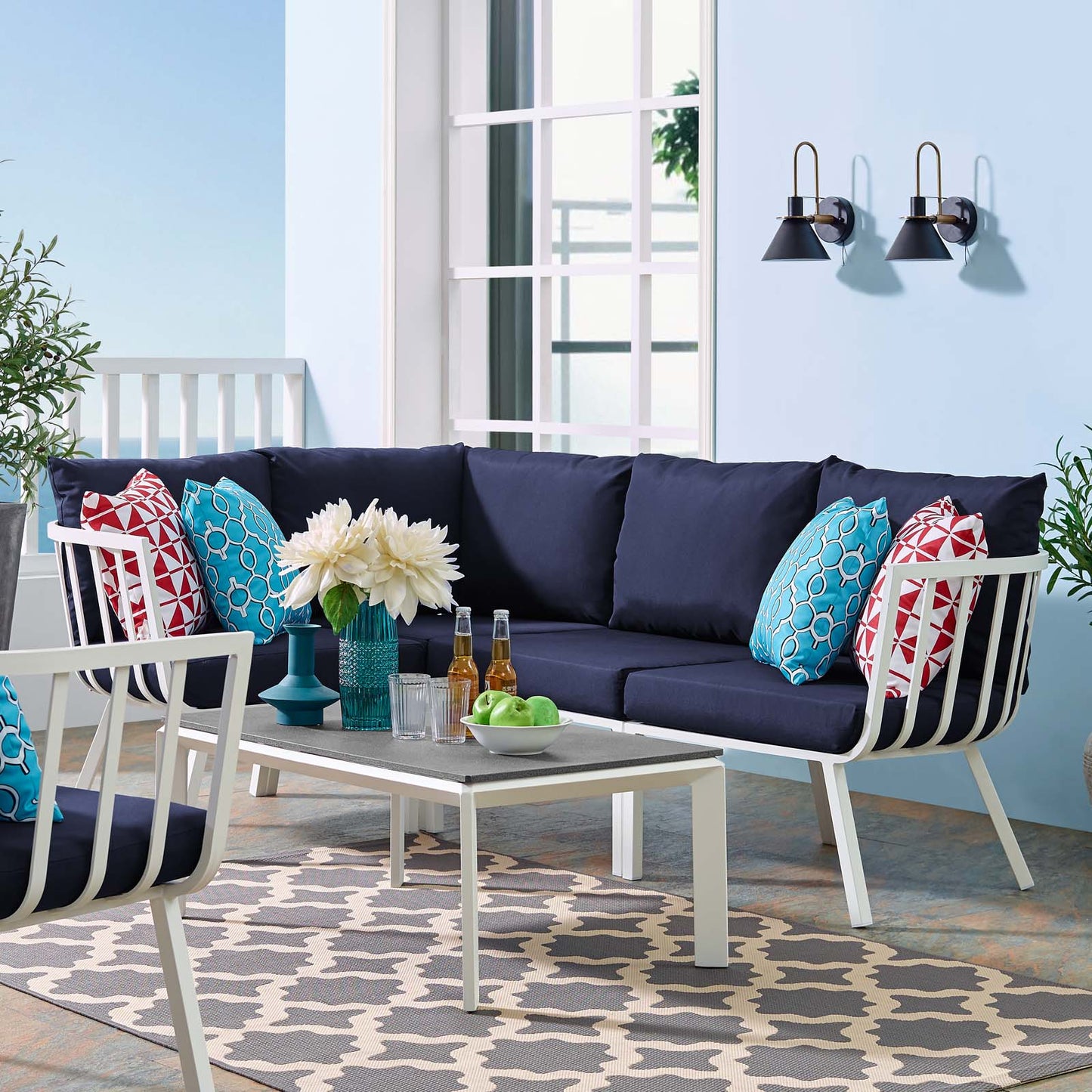 Riverside 5 Piece Outdoor Patio Aluminum Set, Aluminum, Metal, Steel, White Blue Navy, 18470