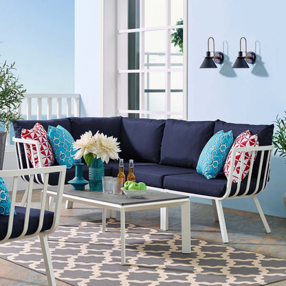Riverside 5 Piece Outdoor Patio Aluminum Set, Aluminum, Metal, Steel, White Blue Navy, 18470