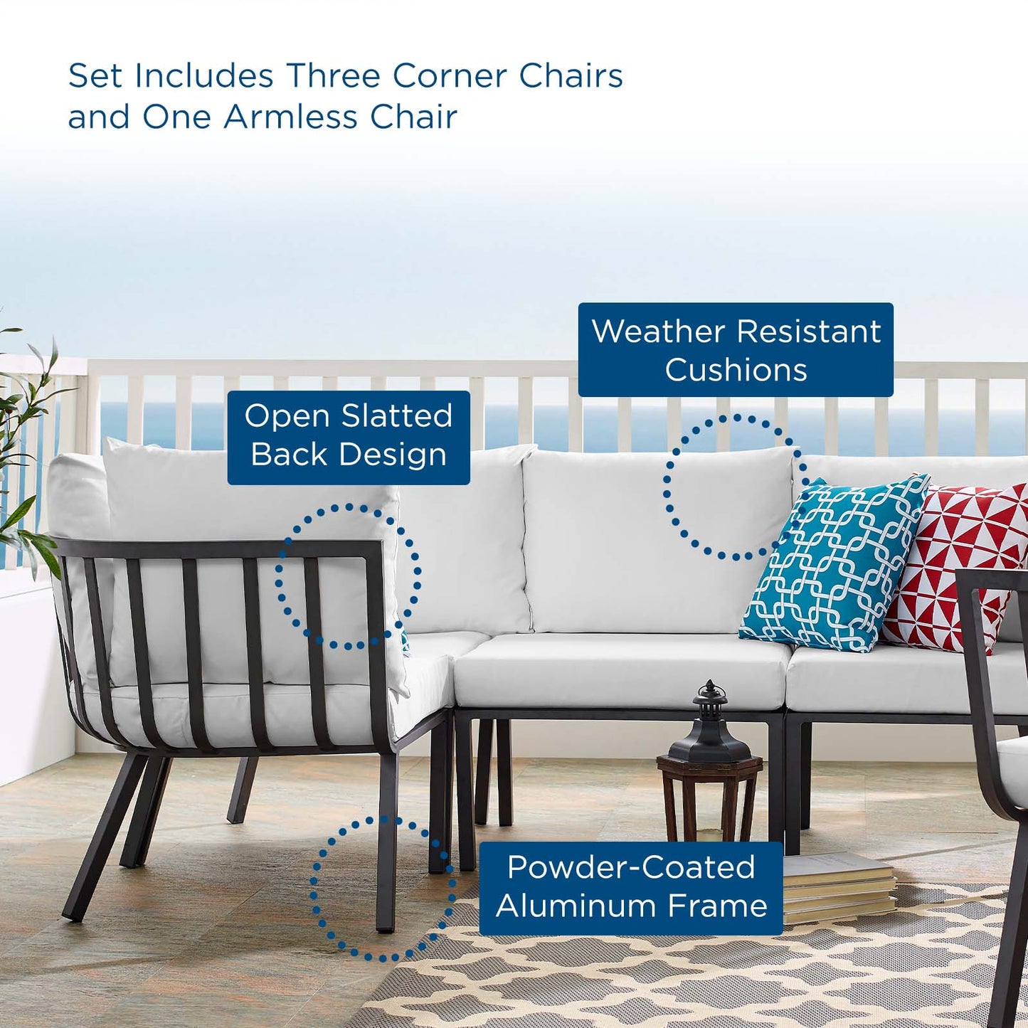 Riverside 4 Piece Outdoor Patio Aluminum Sectional, Aluminum, Metal, Steel, Grey Gray White, 18472