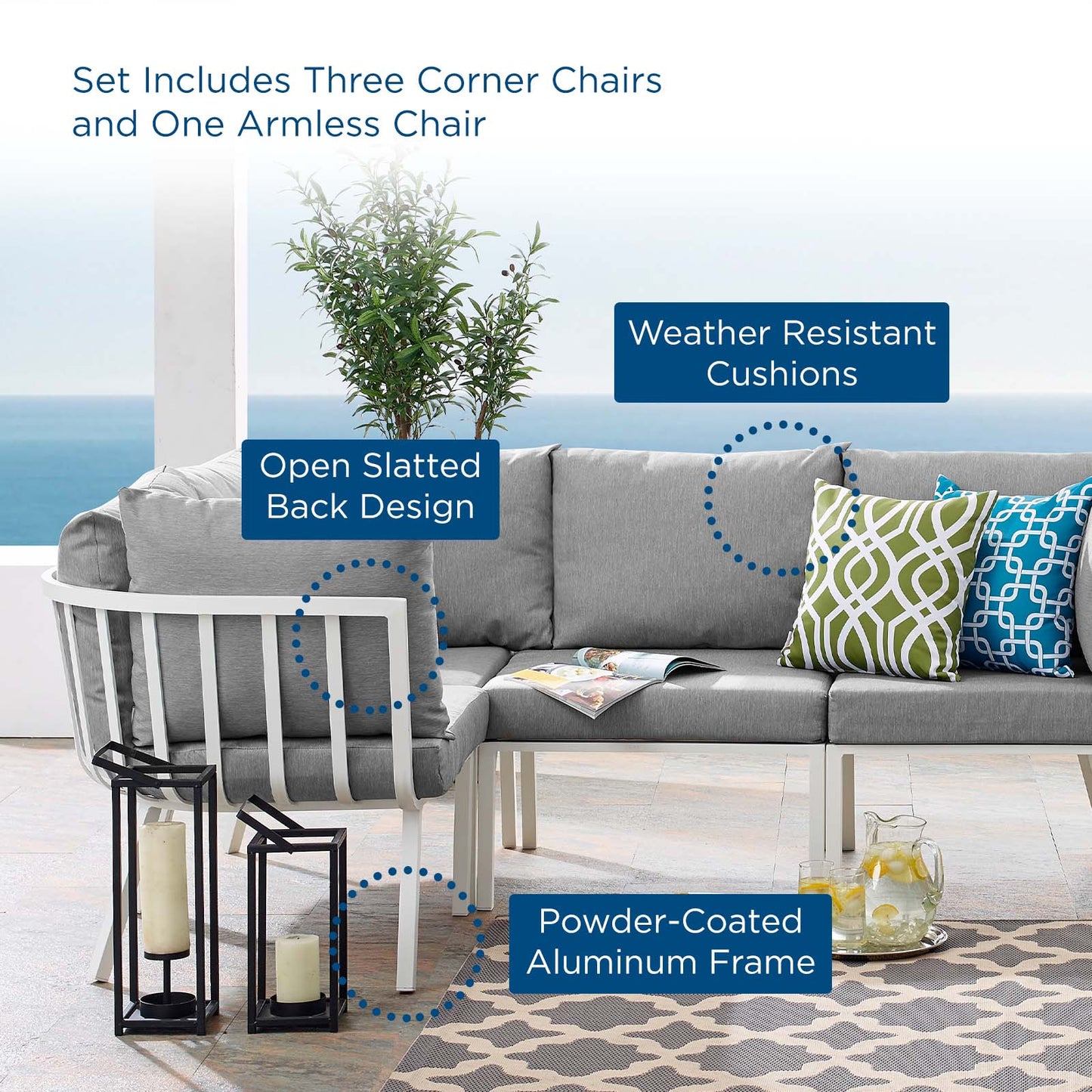 Riverside 4 Piece Outdoor Patio Aluminum Sectional, Aluminum, Metal, Steel, White Grey Gray, 18473