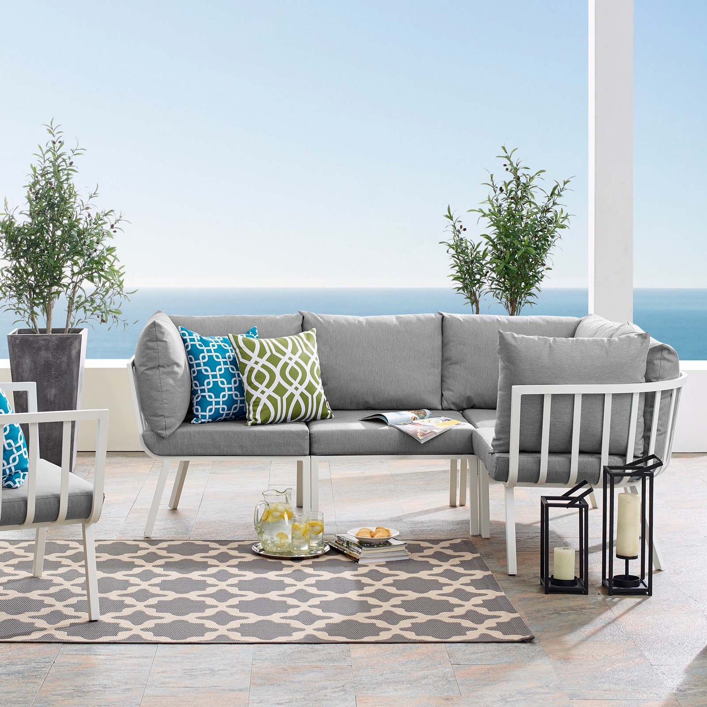 Riverside 4 Piece Outdoor Patio Aluminum Sectional, Aluminum, Metal, Steel, White Grey Gray, 18473