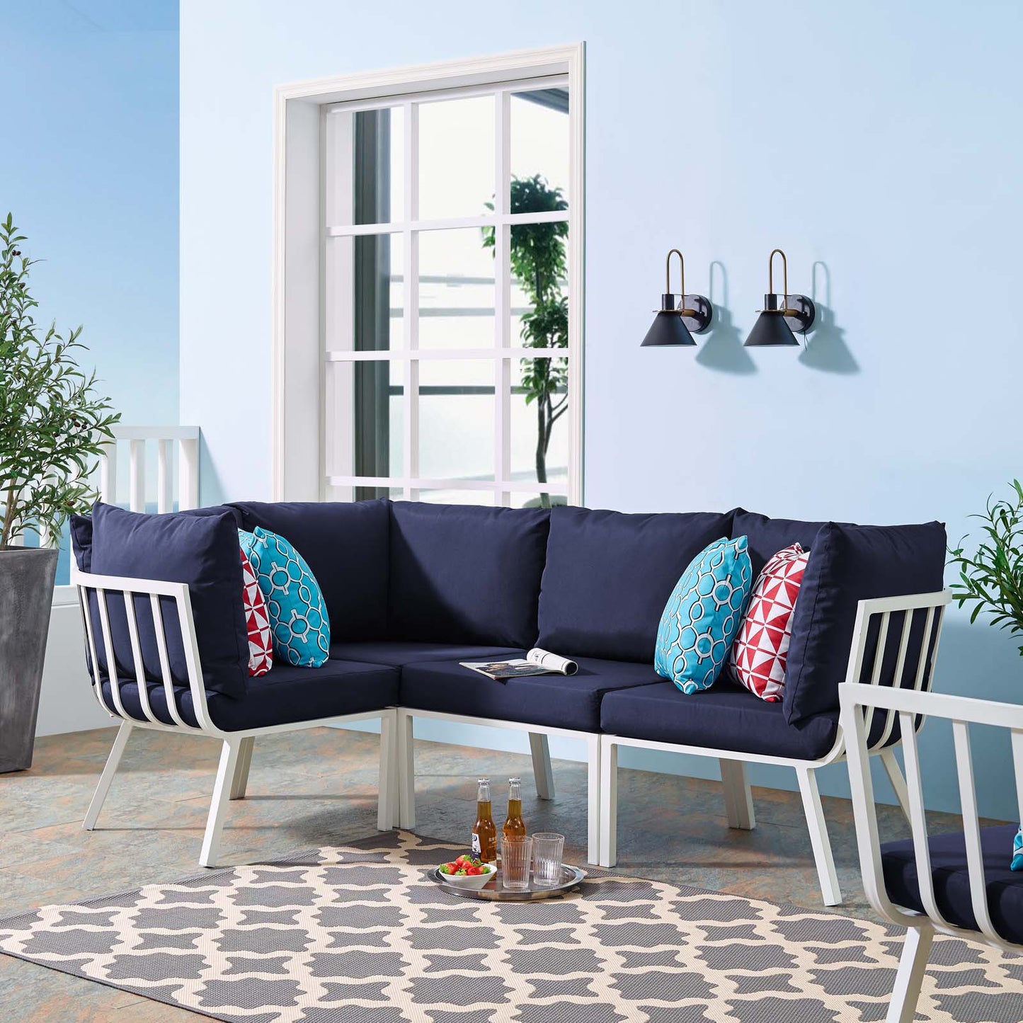 Riverside 4 Piece Outdoor Patio Aluminum Sectional, Aluminum, Metal, Steel, White Blue Navy, 18474