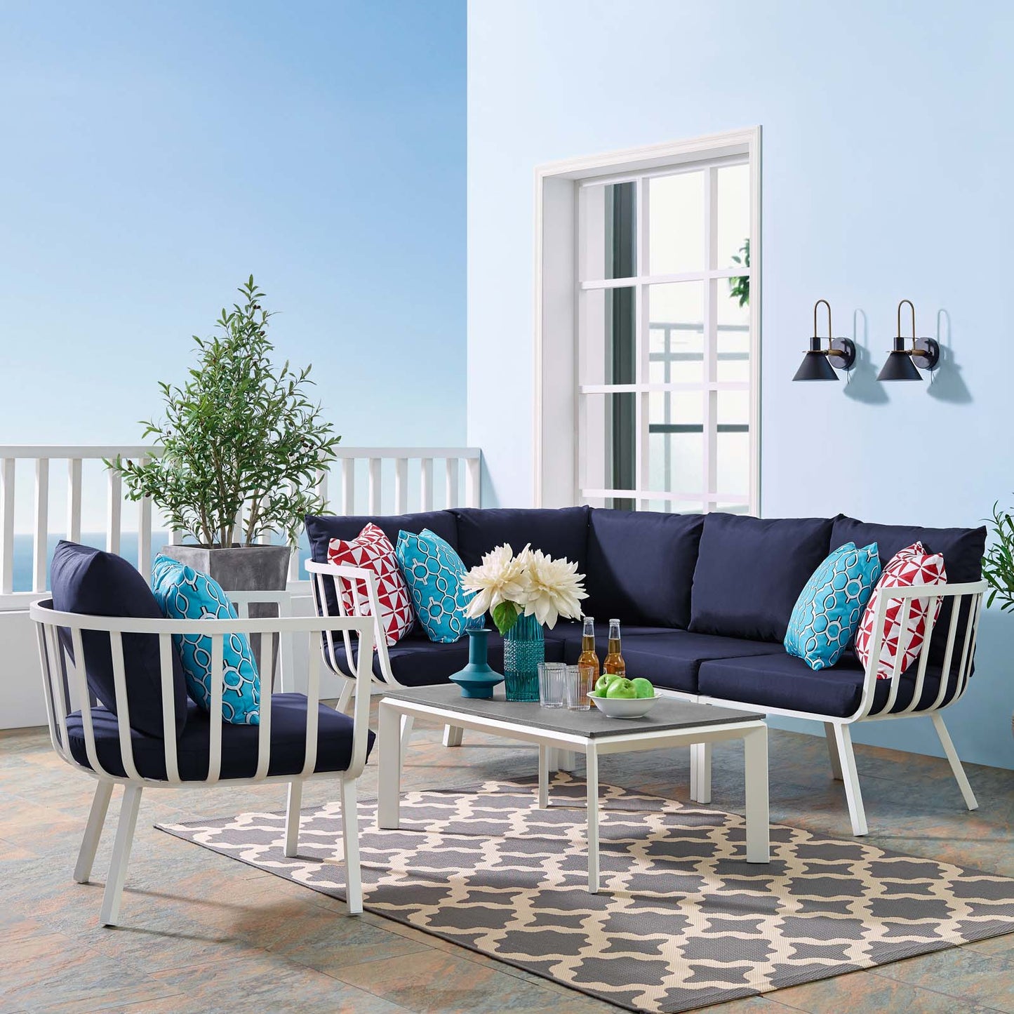 Riverside 6 Piece Outdoor Patio Aluminum Set, Aluminum, Metal, Steel, White Blue Navy, 18478