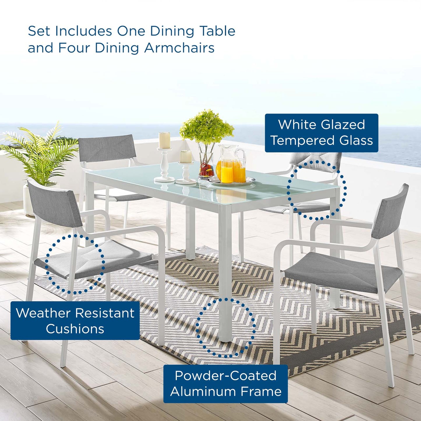 Raleigh 5 Piece Outdoor Patio Aluminum Dining Set, Aluminum, Metal, Steel, White Grey Gray, 18479