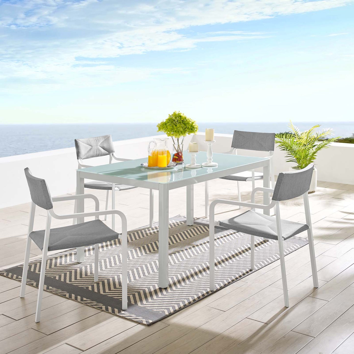 Raleigh 5 Piece Outdoor Patio Aluminum Dining Set, Aluminum, Metal, Steel, White Grey Gray, 18479