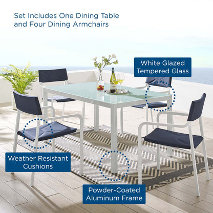 Raleigh 5 Piece Outdoor Patio Aluminum Dining Set, Aluminum, Metal, Steel, White Blue Navy, 18480