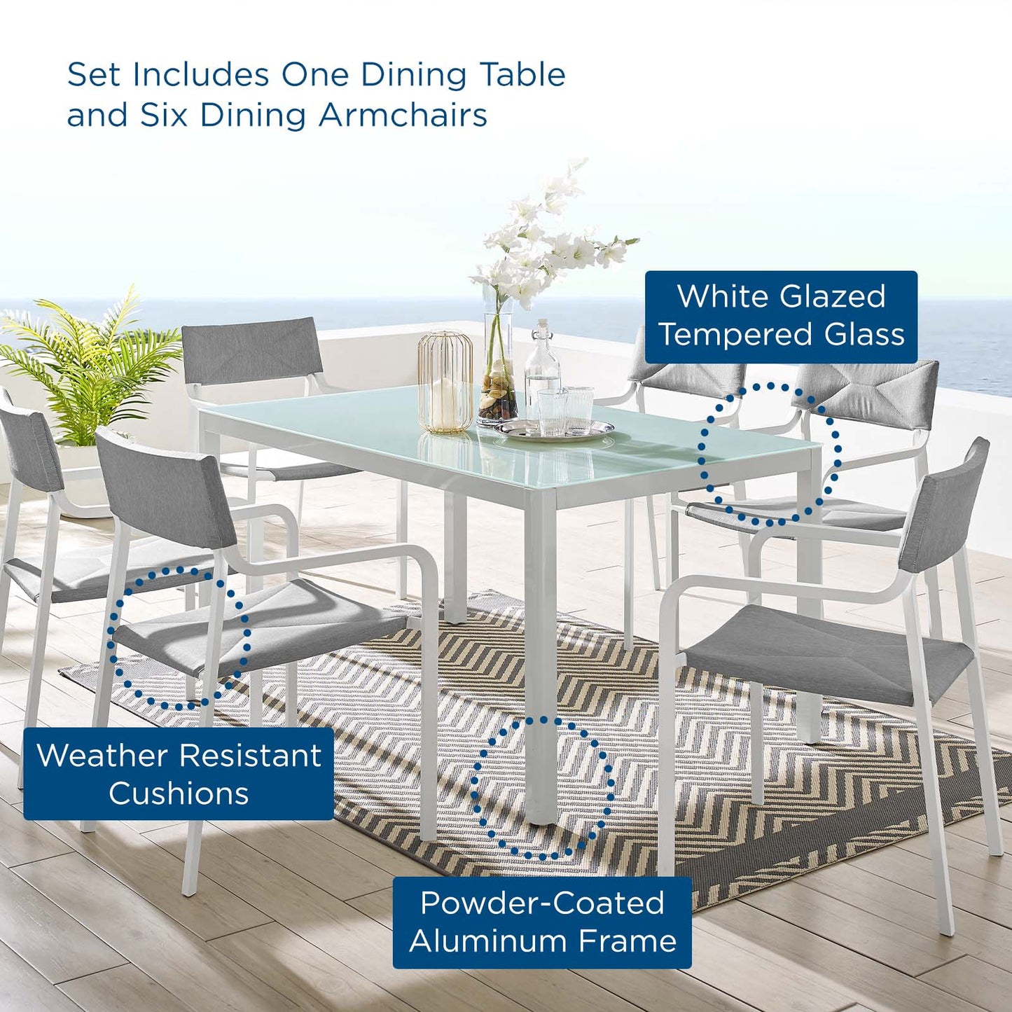 Raleigh 7 Piece Outdoor Patio Aluminum Dining Set, Aluminum, Metal, Steel, White Grey Gray, 18481