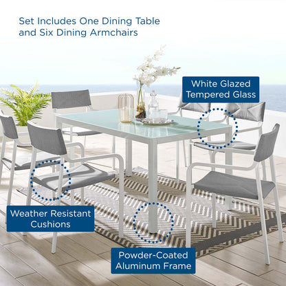 Raleigh 7 Piece Outdoor Patio Aluminum Dining Set, Aluminum, Metal, Steel, White Grey Gray, 18481