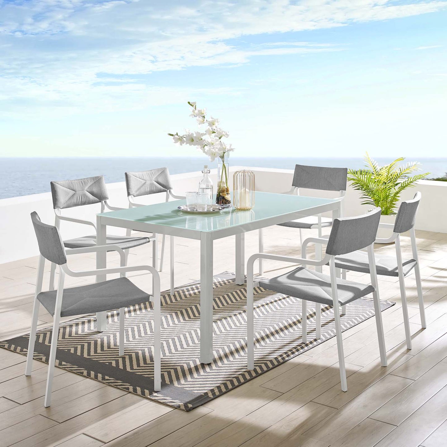 Raleigh 7 Piece Outdoor Patio Aluminum Dining Set, Aluminum, Metal, Steel, White Grey Gray, 18481
