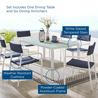 Raleigh 7 Piece Outdoor Patio Aluminum Dining Set, Aluminum, Metal, Steel, White Blue Navy, 18482