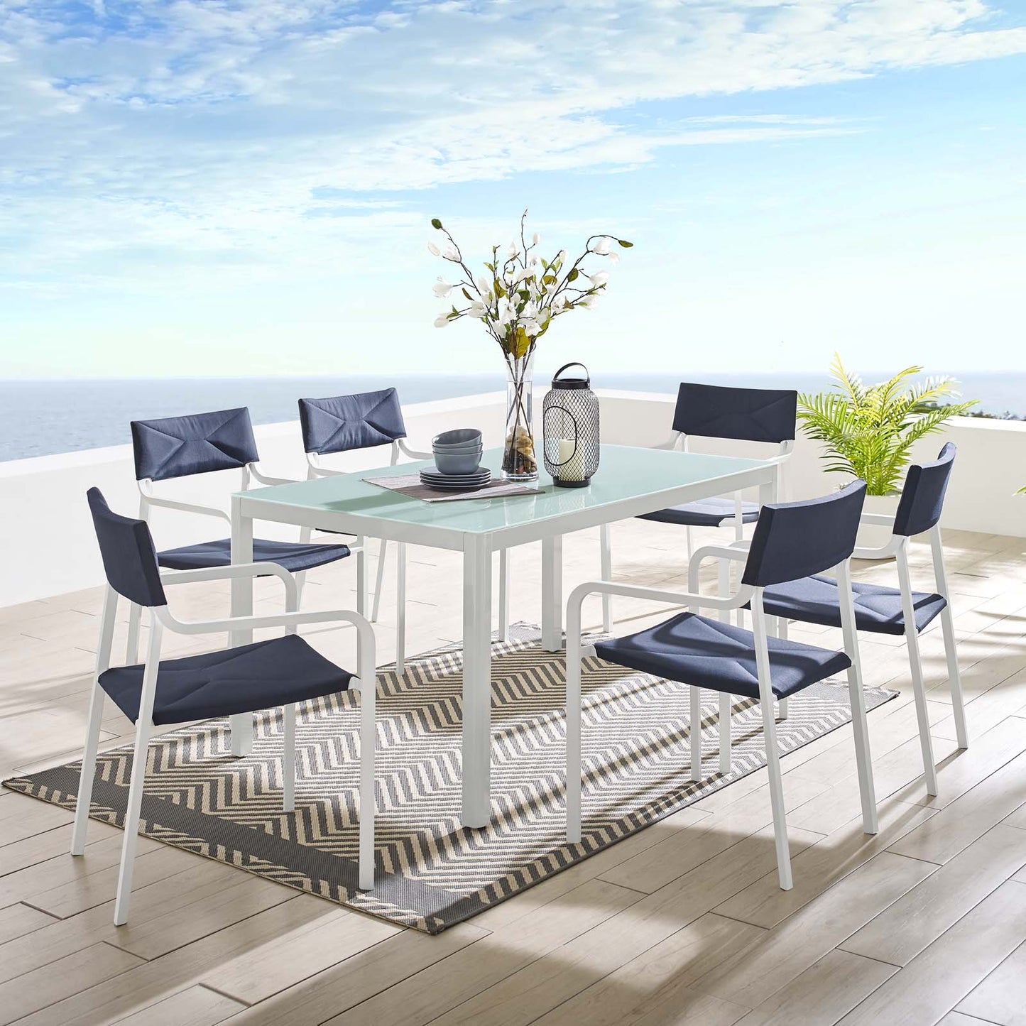 Raleigh 7 Piece Outdoor Patio Aluminum Dining Set, Aluminum, Metal, Steel, White Blue Navy, 18482