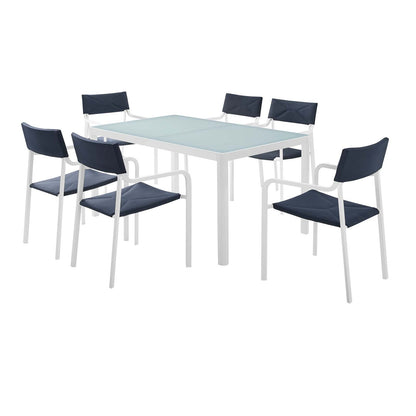 Raleigh 7 Piece Outdoor Patio Aluminum Dining Set, Aluminum, Metal, Steel, White Blue Navy, 18482