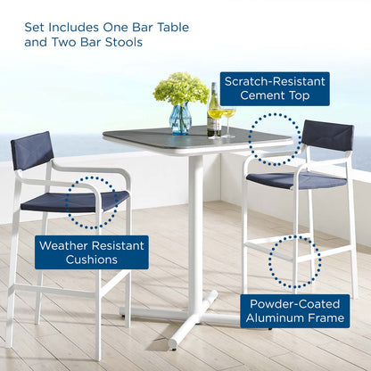 Raleigh 3 Piece Outdoor Patio Aluminum Bar Set, Aluminum, Metal, Steel, White Blue Navy, 18484