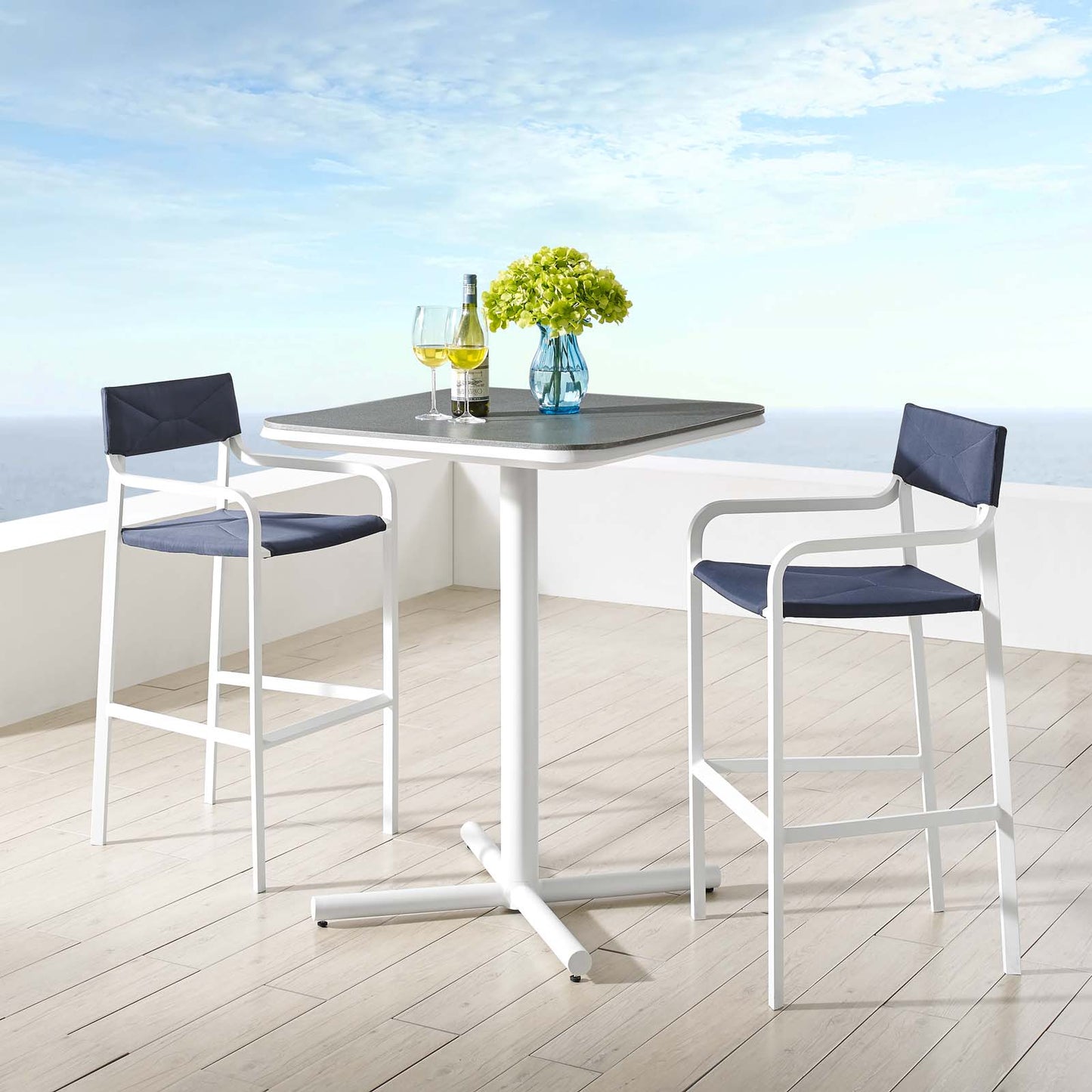 Raleigh 3 Piece Outdoor Patio Aluminum Bar Set, Aluminum, Metal, Steel, White Blue Navy, 18484