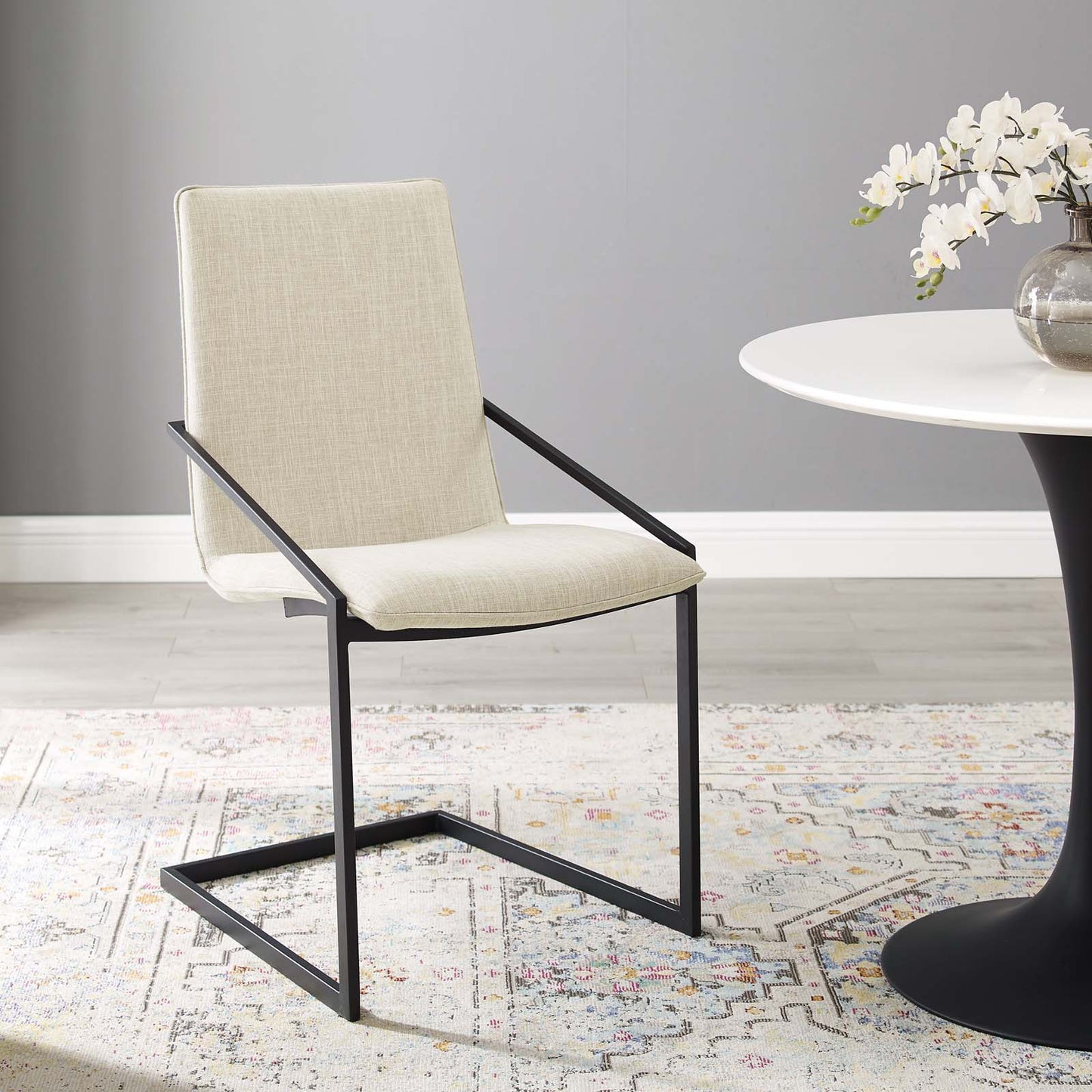 Pitch Upholstered Fabric Dining Armchair, Fabric, Metal Steel, Black Beige, 18488