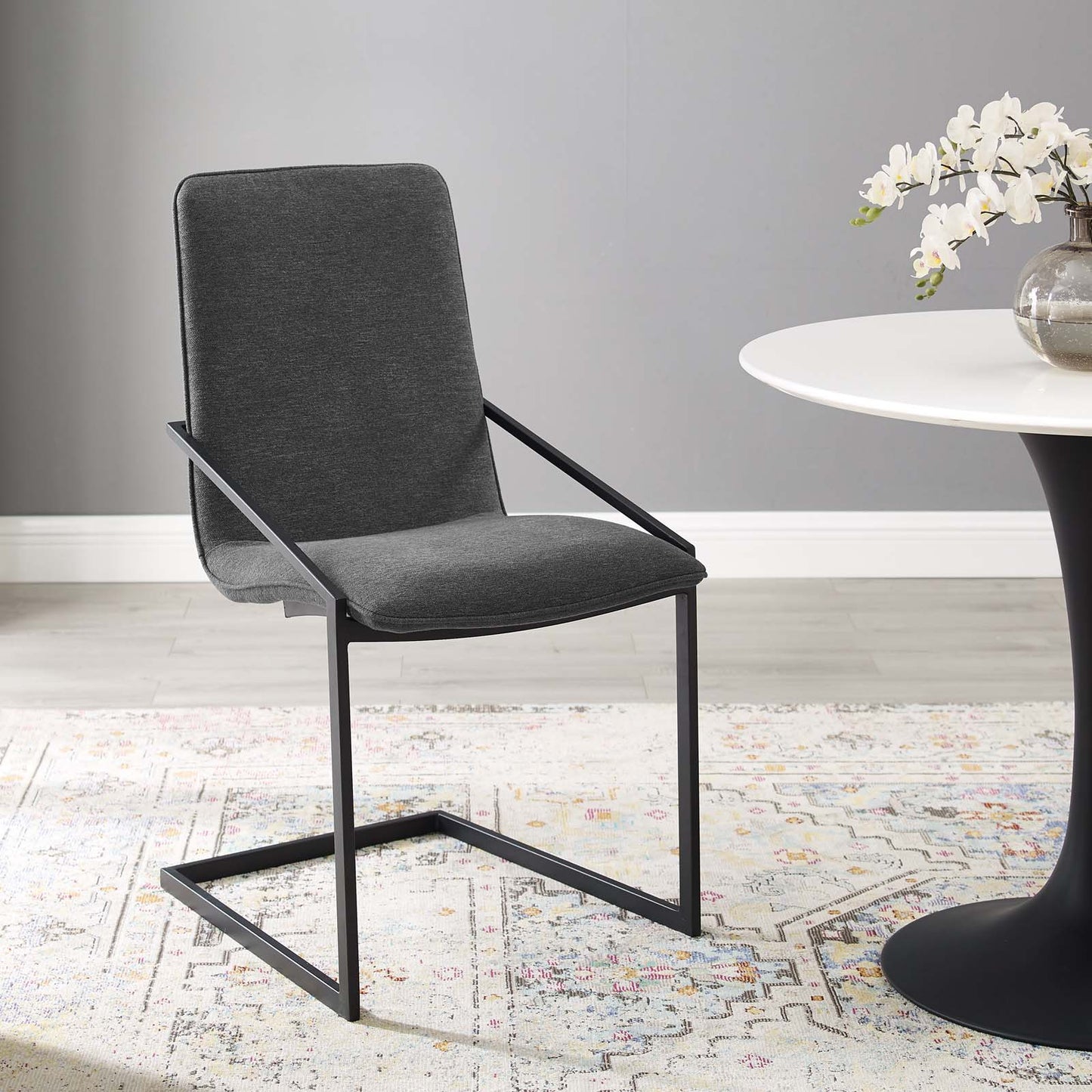 Pitch Upholstered Fabric Dining Armchair, Fabric, Metal Steel, Black Grey Gray, 18489