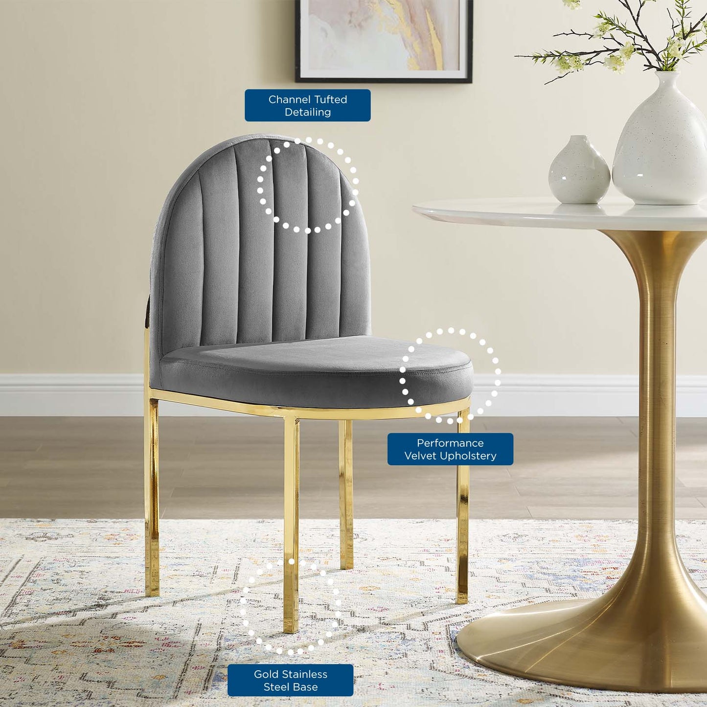 Isla Channel Tufted Performance Velvet Dining Side Chair, Velvet, Gold Grey Gray, 18497
