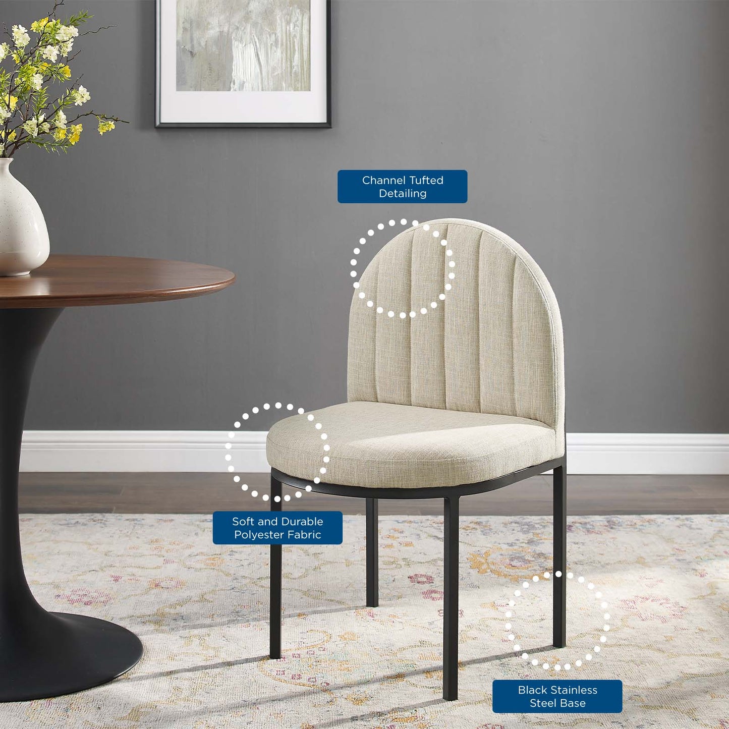 Isla Channel Tufted Upholstered Fabric Dining Side Chair, Fabric, Black Beige, 18499