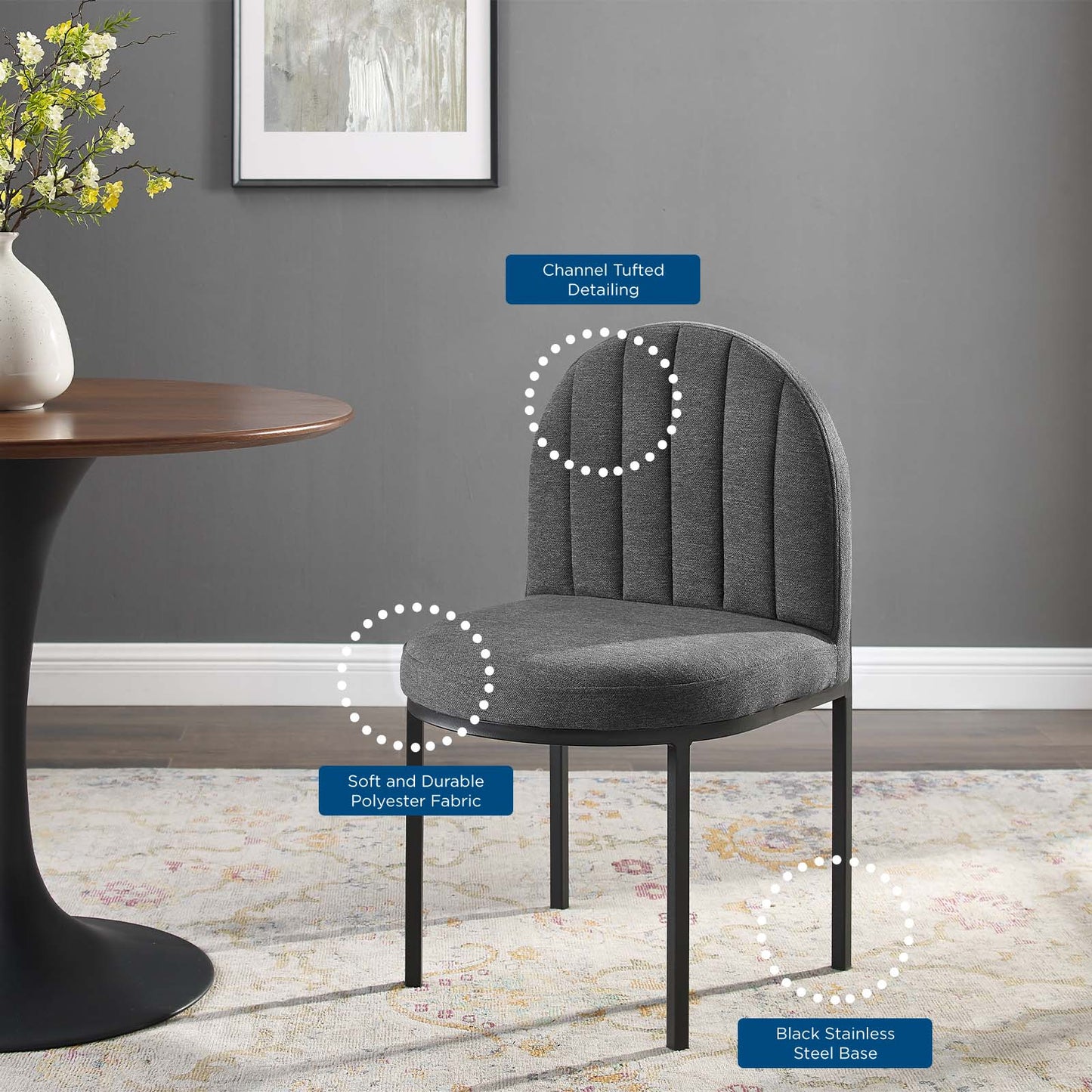 Isla Channel Tufted Upholstered Fabric Dining Side Chair, Fabric, Black Grey Gray, 18500