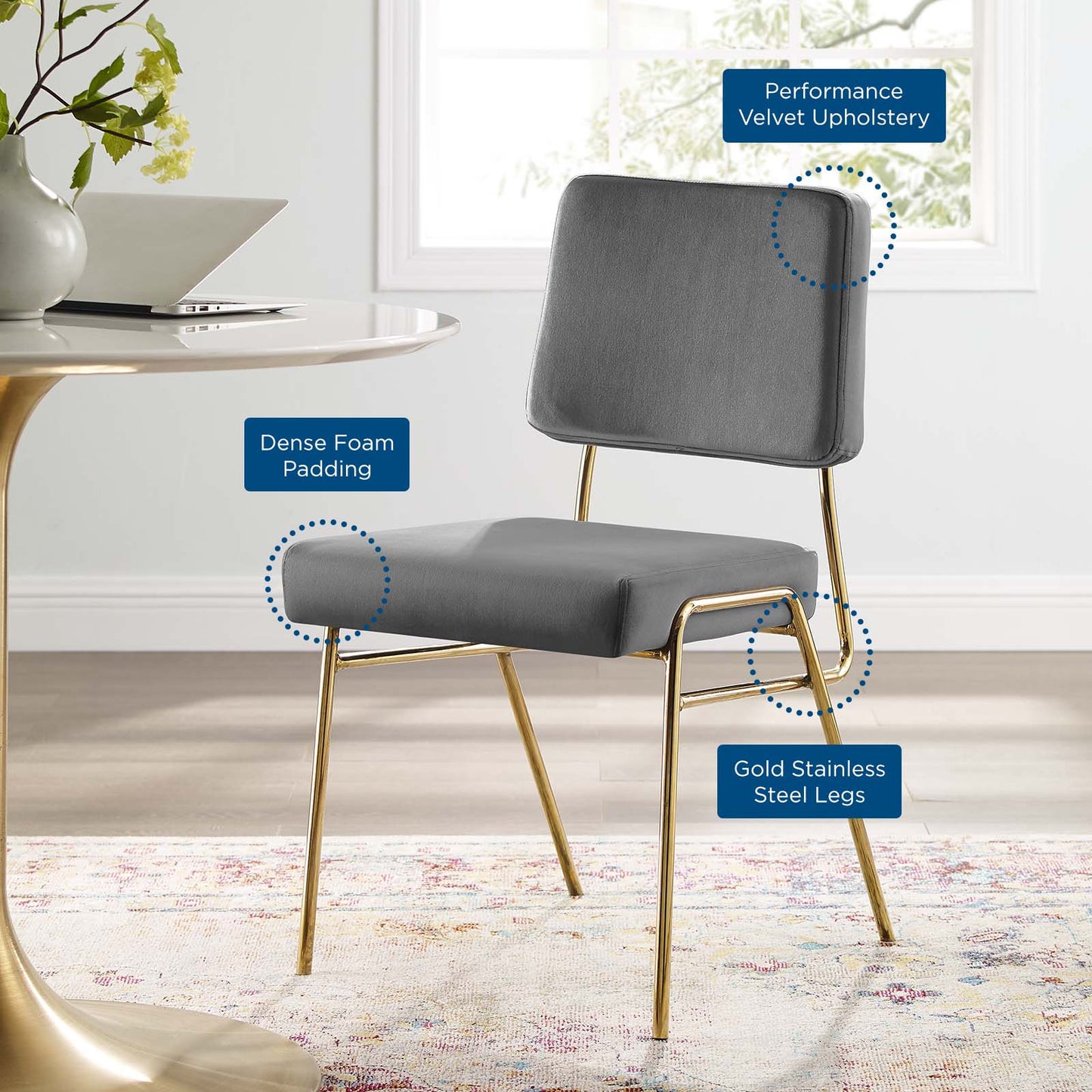 Craft Performance Velvet Dining Side Chair, Velvet, Metal Steel, Gold Grey Gray, 18505
