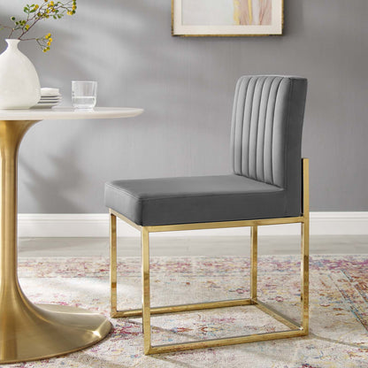 Carriage Channel Tufted Sled Base Performance Velvet Dining Chair, Velvet, Metal Steel, Gold Grey Gray, 18511