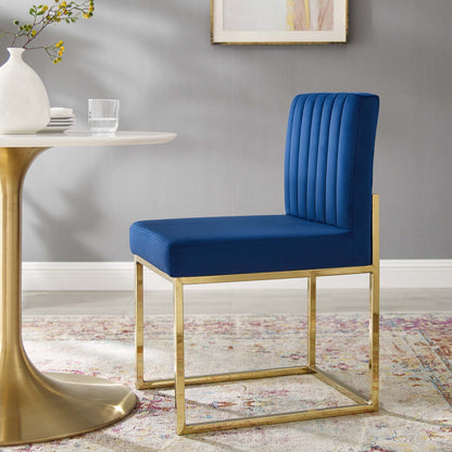 Carriage Channel Tufted Sled Base Performance Velvet Dining Chair, Velvet, Metal Steel, Gold Blue Navy, 18513