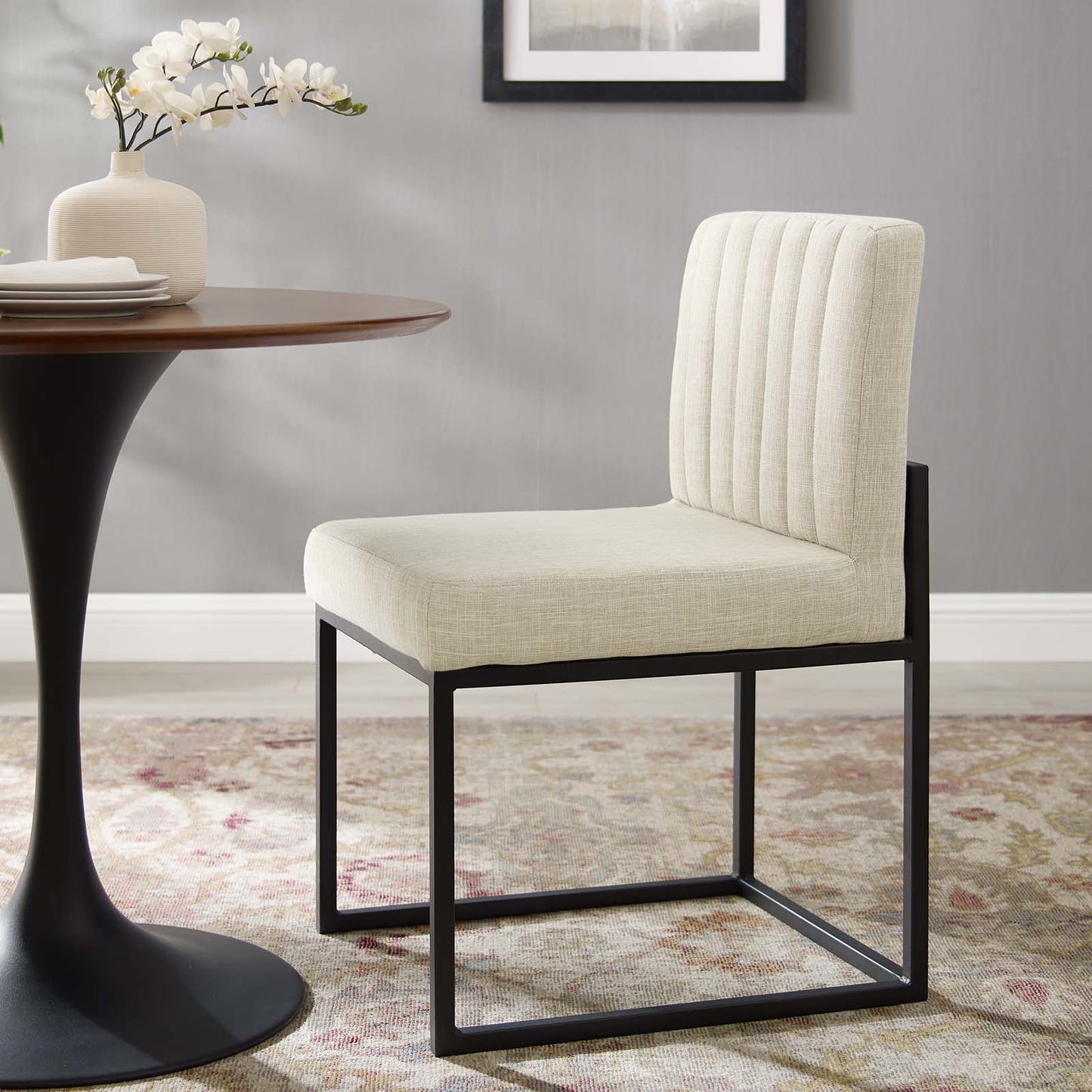Carriage Channel Tufted Sled Base Upholstered Fabric Dining Chair, Fabric, Metal Steel, Black Beige, 18514