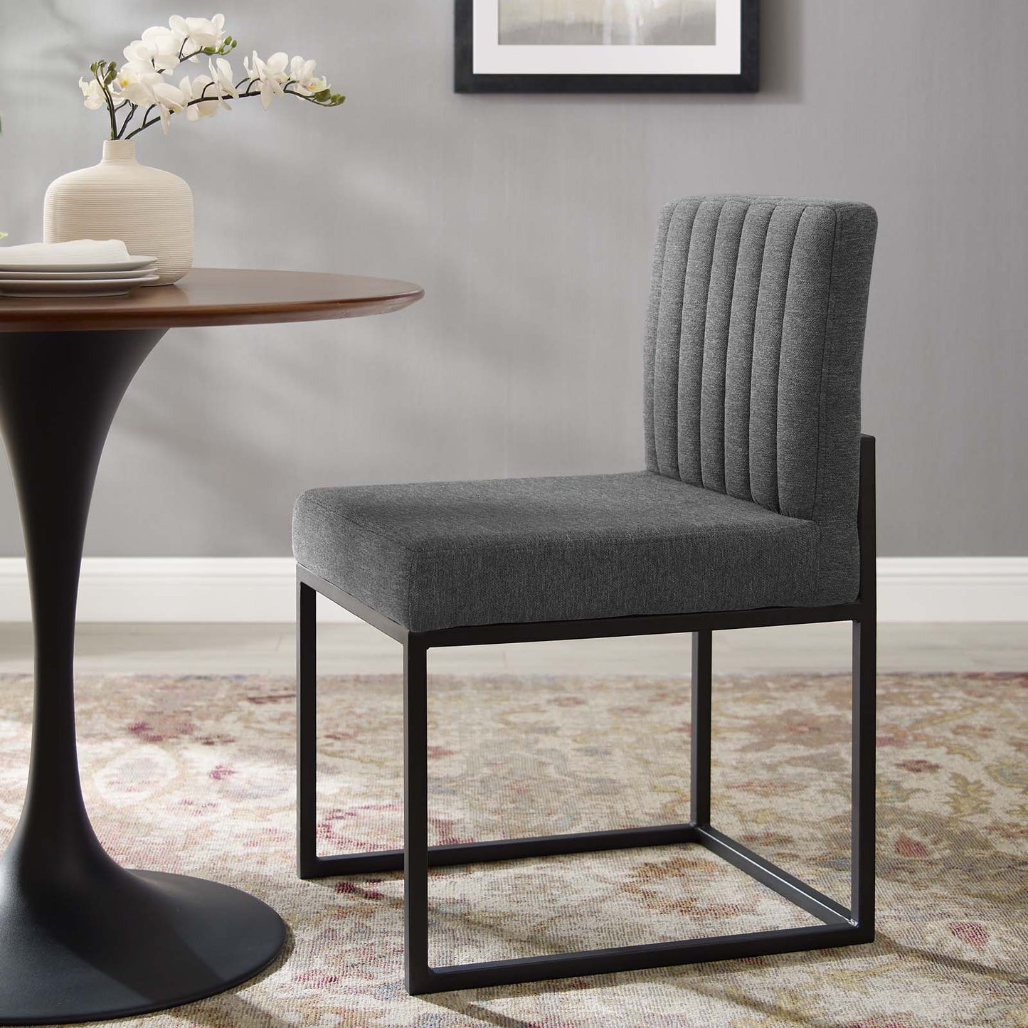 Carriage Channel Tufted Sled Base Upholstered Fabric Dining Chair, Fabric, Metal Steel, Black Grey Gray, 18515