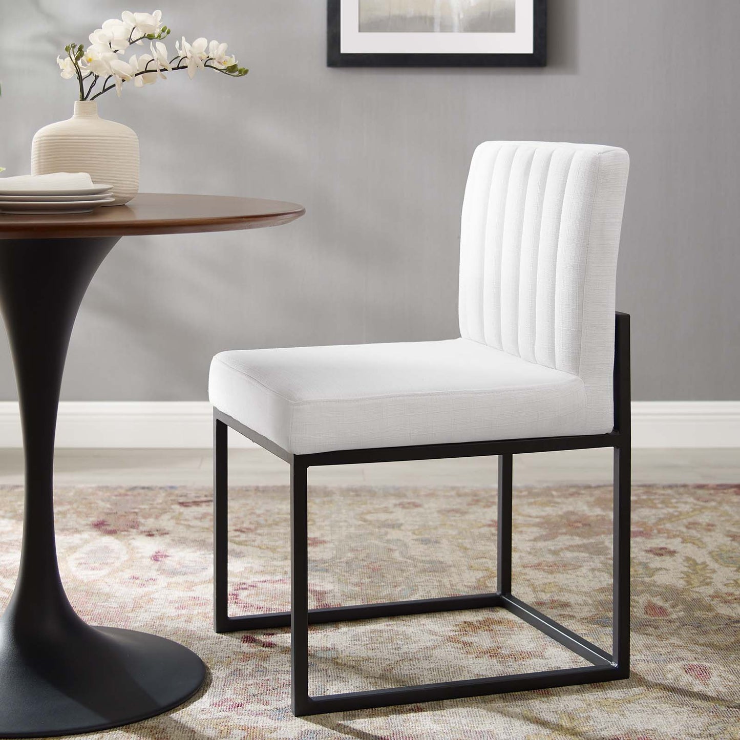 Carriage Channel Tufted Sled Base Upholstered Fabric Dining Chair, Fabric, Metal Steel, Black White, 18517