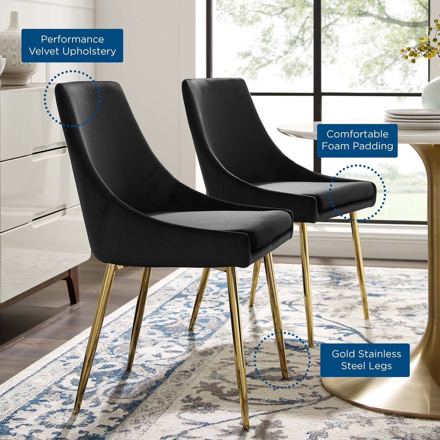 Viscount Performance Velvet Dining Chairs - Set of 2, Velvet, Metal Steel, Gold Black, 18518