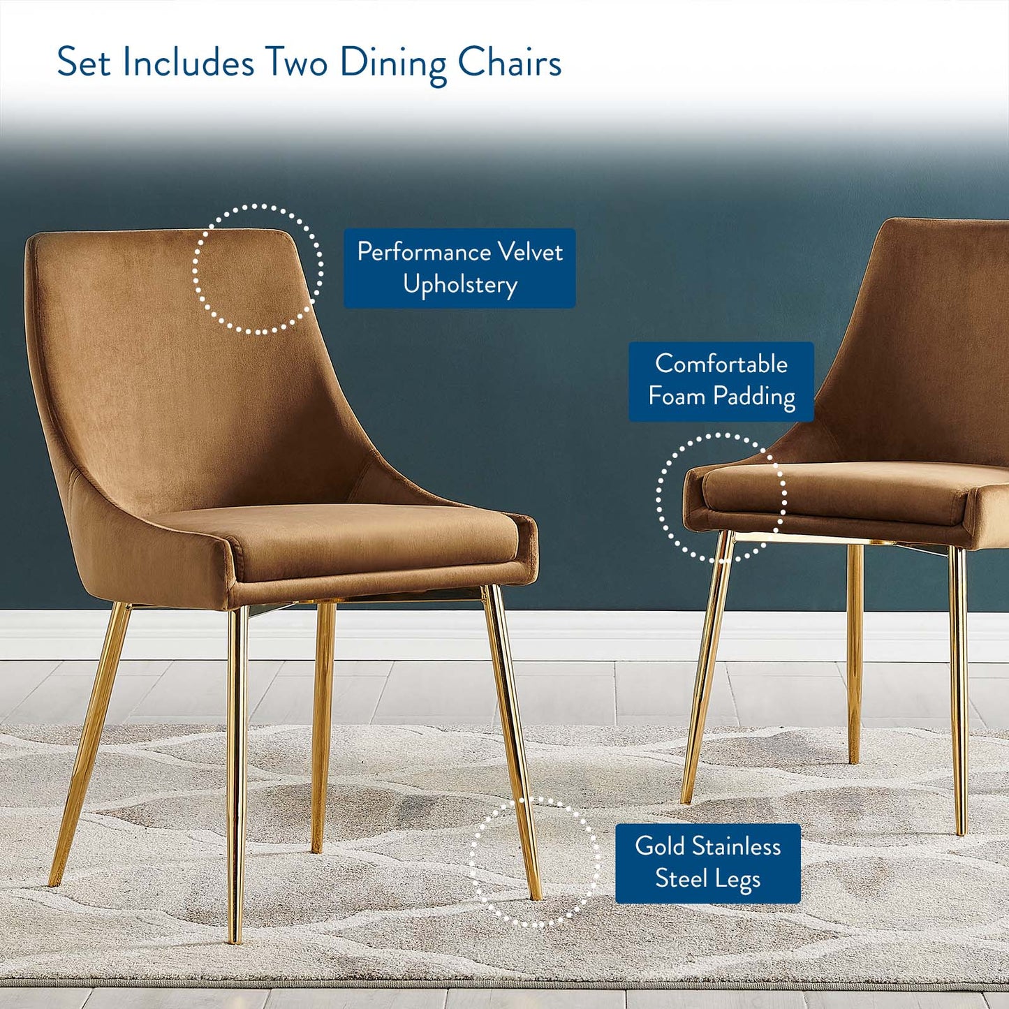 Viscount Performance Velvet Dining Chairs - Set of 2, Velvet, Metal Steel, Gold Brown, 18521