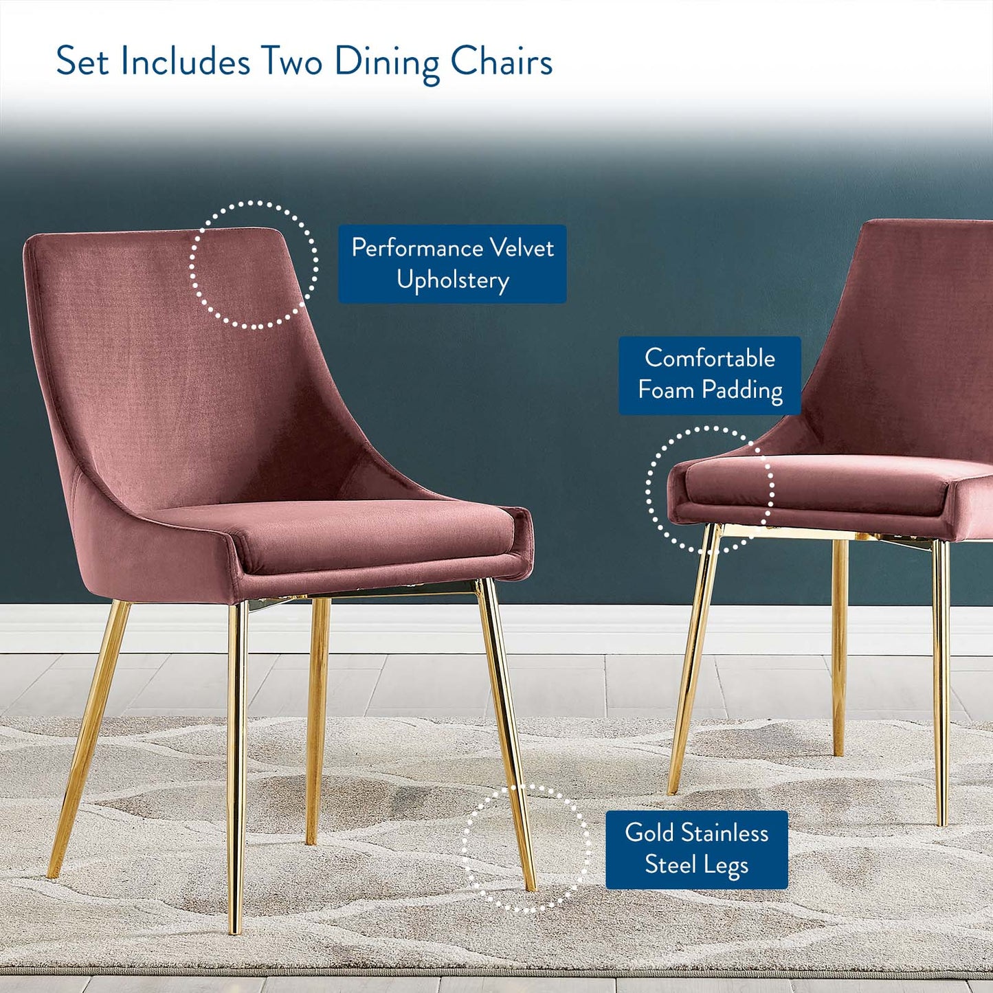 Viscount Performance Velvet Dining Chairs - Set of 2, Velvet, Metal Steel, Gold Pink, 18522