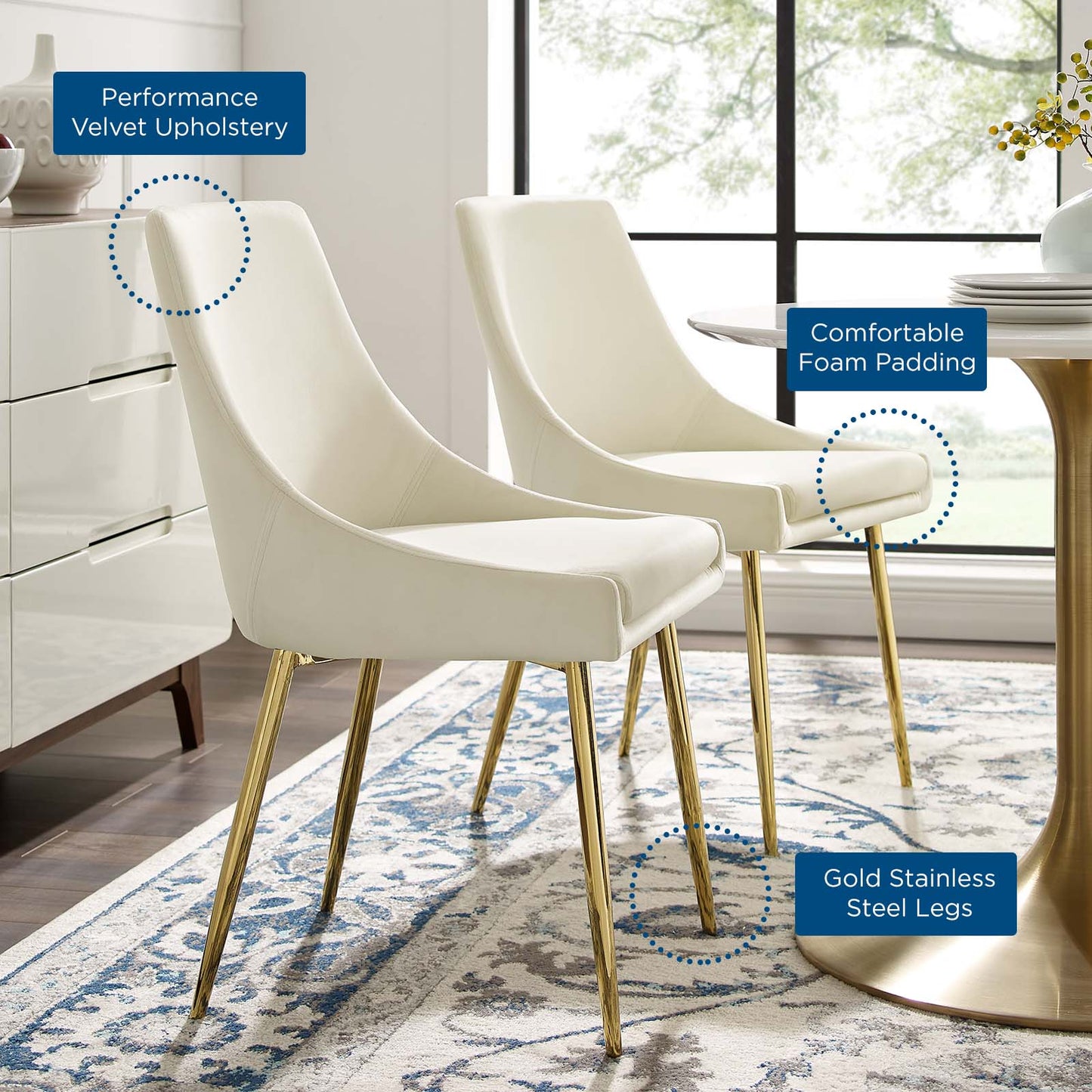Viscount Performance Velvet Dining Chairs - Set of 2, Velvet, Metal Steel, Gold Ivory White, 18524