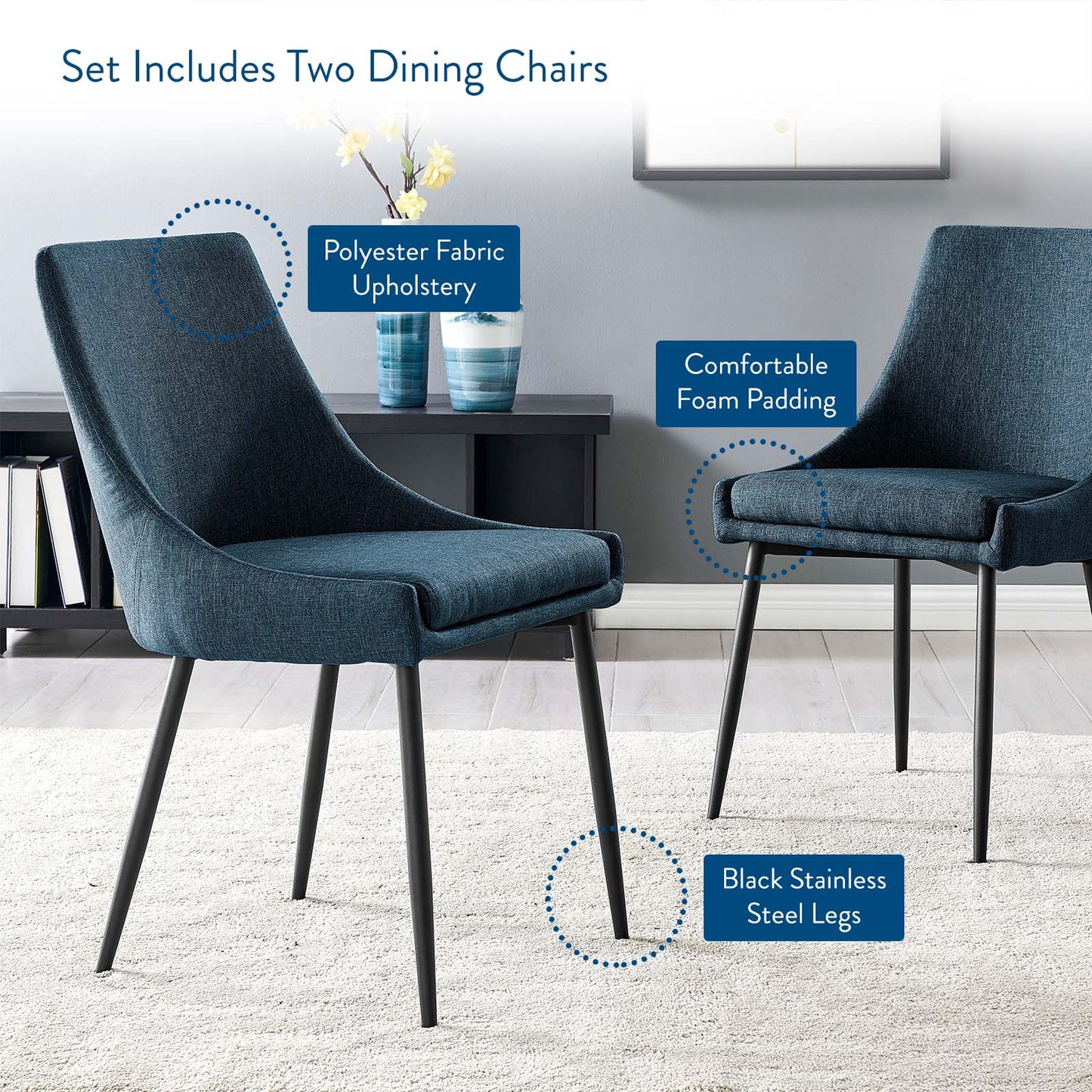 Viscount Upholstered Fabric Dining Chairs - Set of 2, Fabric, Metal Steel, Navy Blue Black, 18528