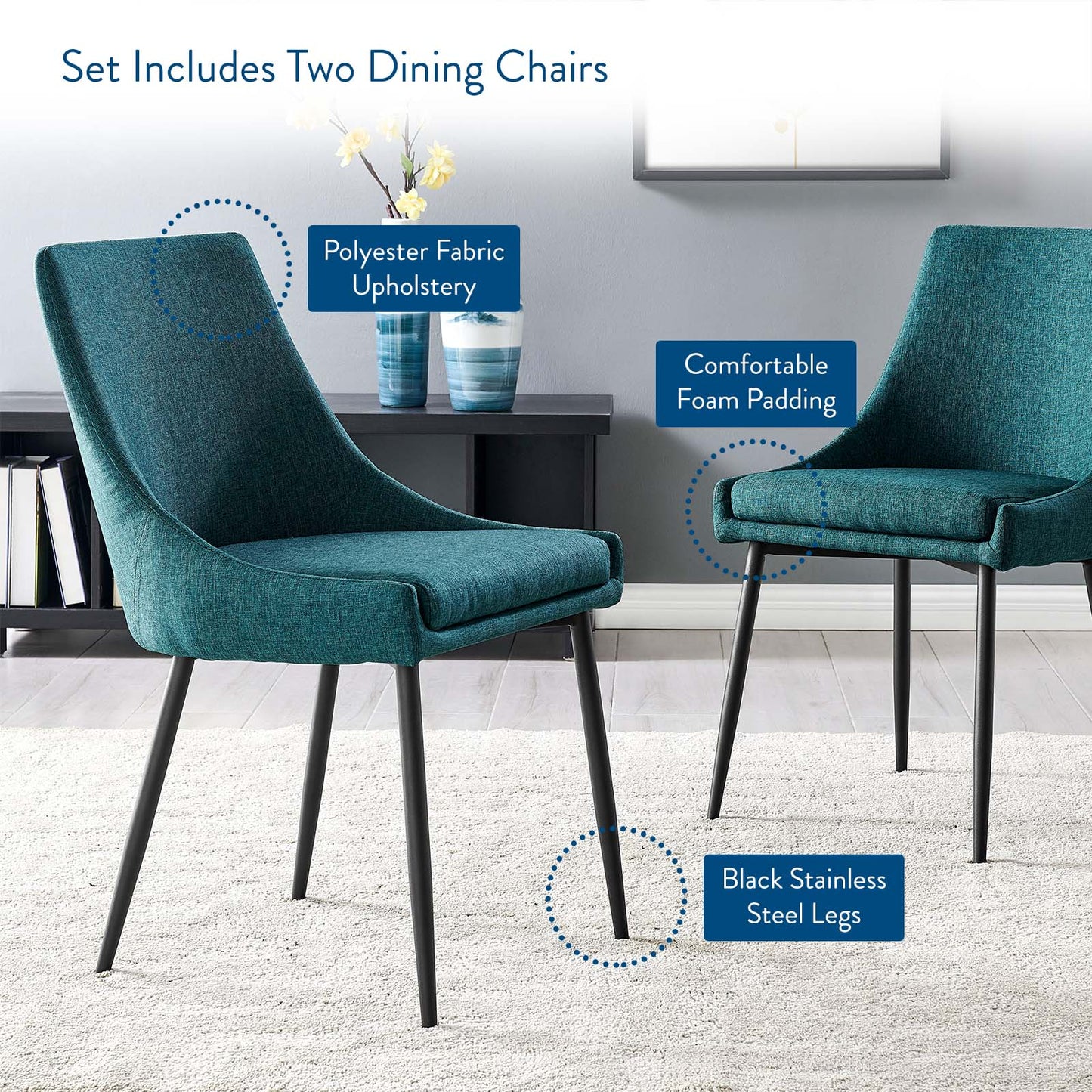 Viscount Upholstered Fabric Dining Chairs - Set of 2, Fabric, Metal Steel, Black Blue, 18532