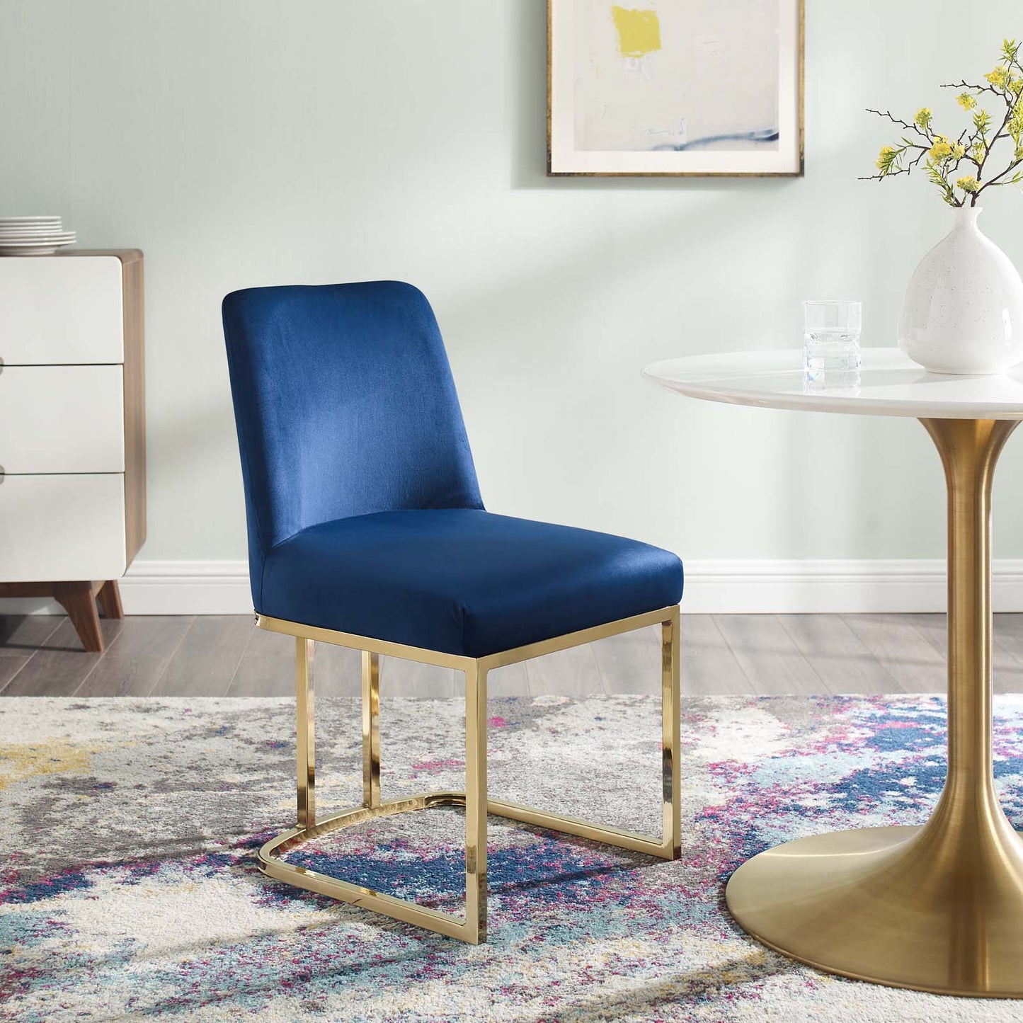 Amplify Sled Base Performance Velvet Dining Side Chair, Velvet, Metal Steel, Gold Blue Navy, 18536