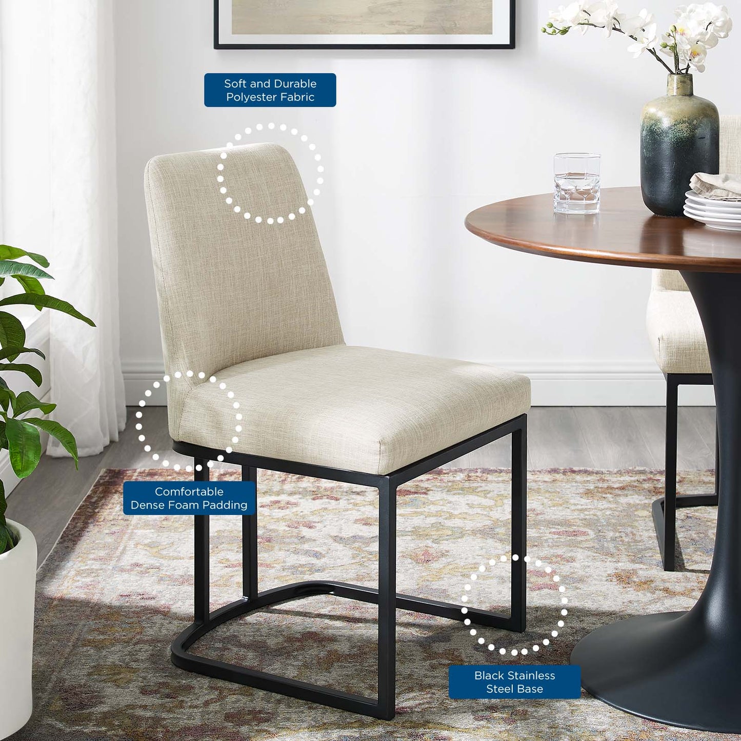 Amplify Sled Base Upholstered Fabric Dining Side Chair, Fabric, Metal Steel, Black Beige, 18537
