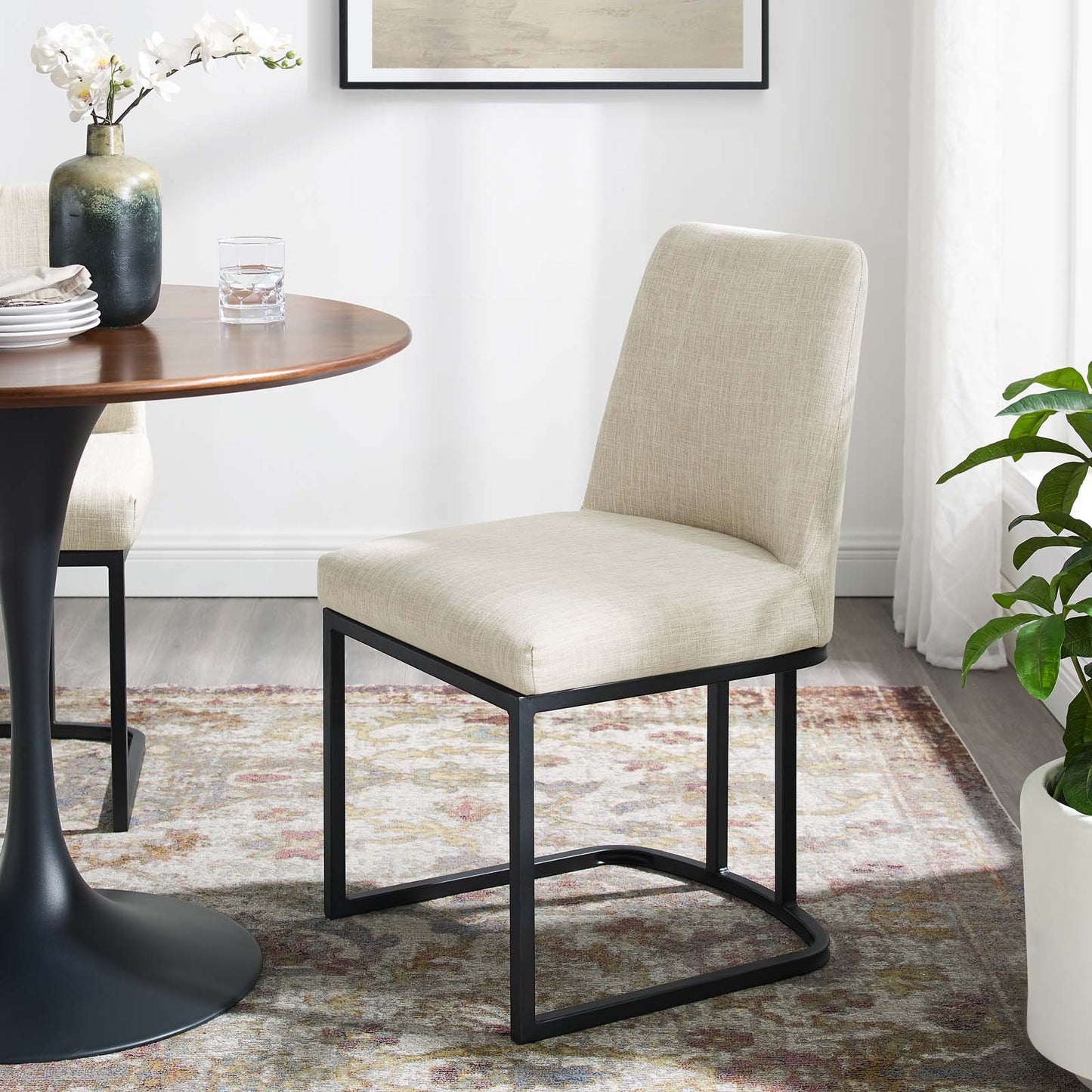 Amplify Sled Base Upholstered Fabric Dining Side Chair, Fabric, Metal Steel, Black Beige, 18537