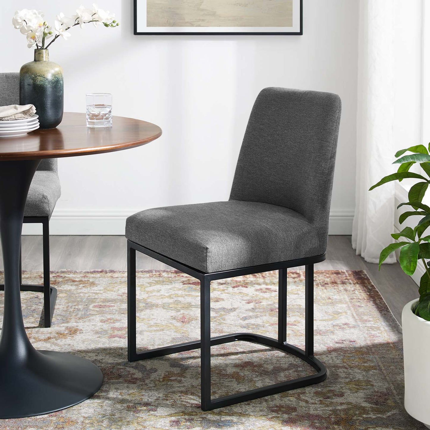 Amplify Sled Base Upholstered Fabric Dining Side Chair, Fabric, Metal Steel, Black Grey Gray, 18538