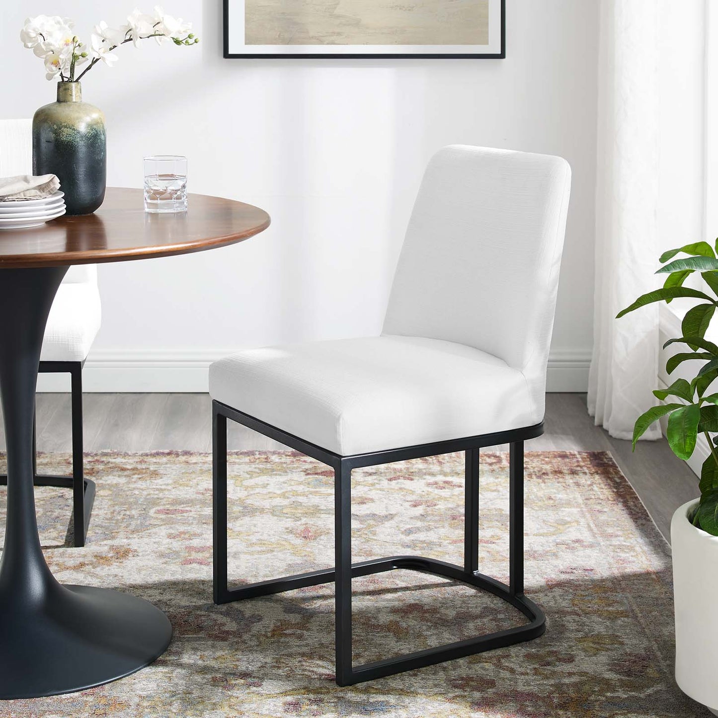 Amplify Sled Base Upholstered Fabric Dining Side Chair, Fabric, Metal Steel, Black White, 18540