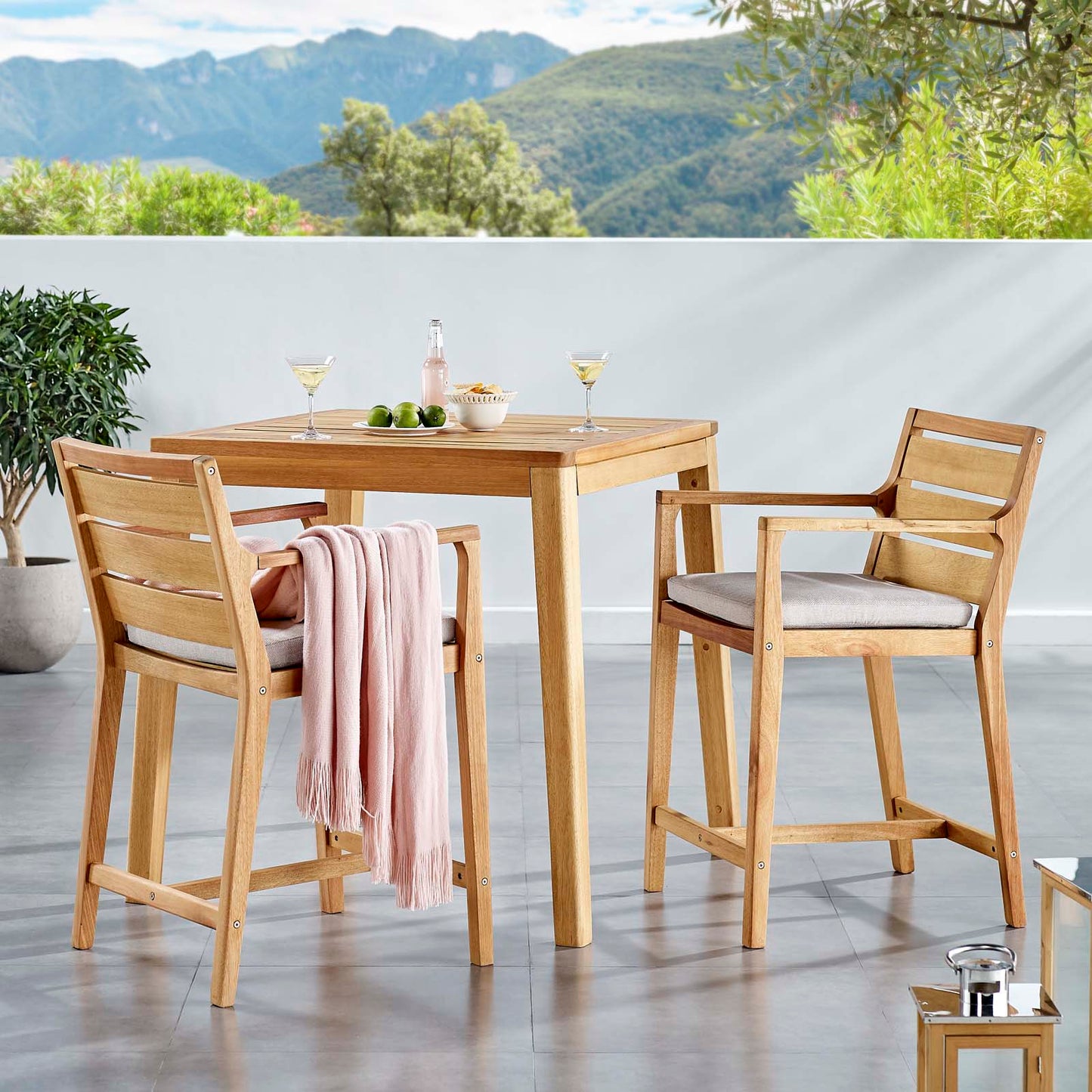 Portsmouth 3 Piece Outdoor Patio Karri Wood Bar Set, Wood, Brown Natural Taupe Gray, 18543