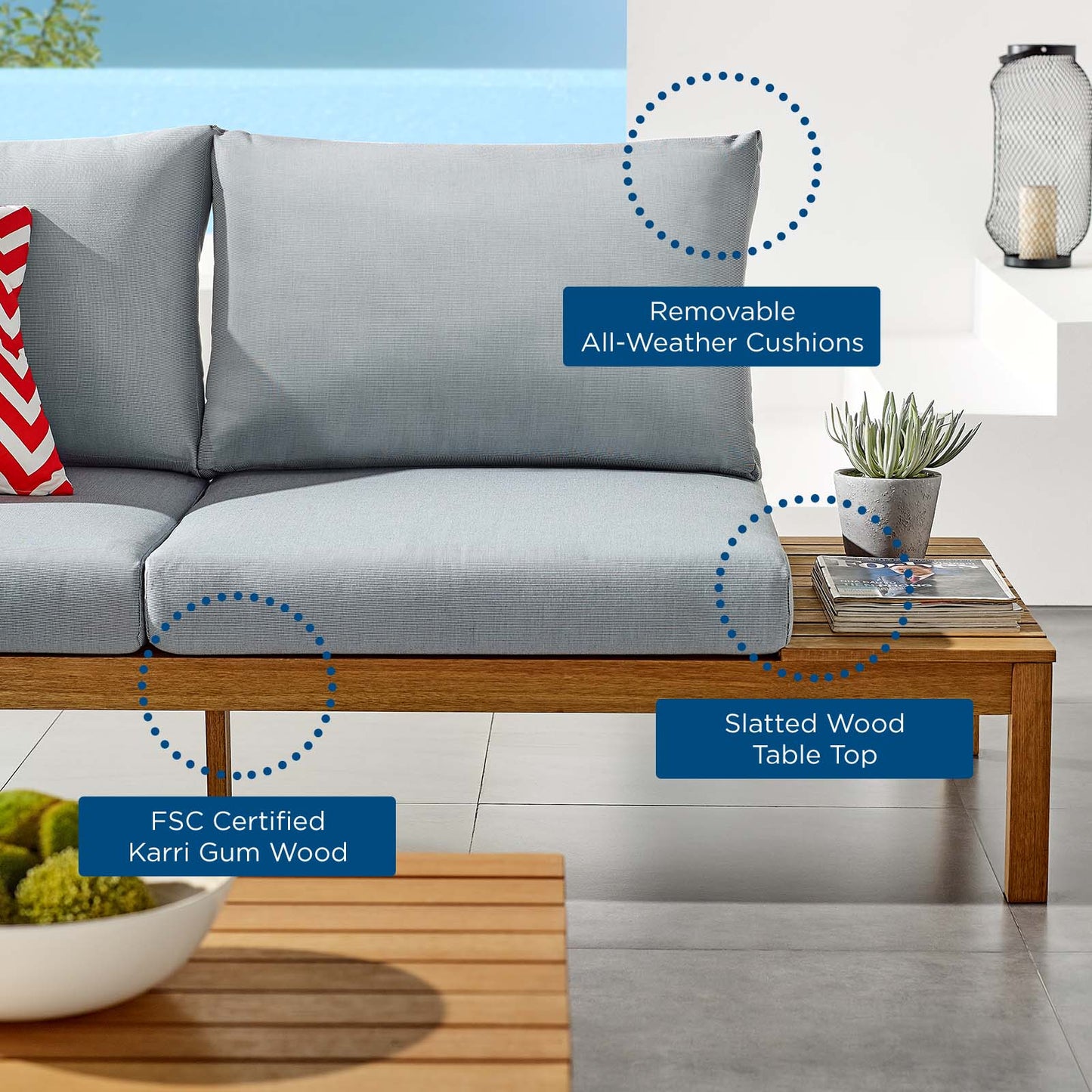 Freeport 3 Piece Outdoor Patio Karri Wood Sectional, Wood, Brown Natural Light Blue, 18545