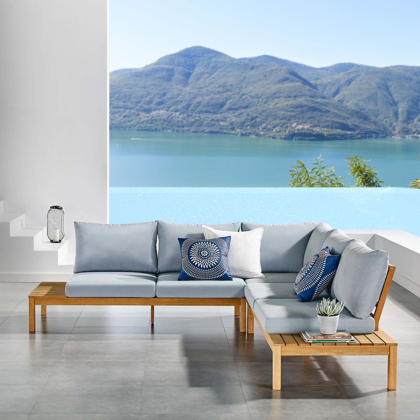 Freeport 3 Piece Outdoor Patio Karri Wood Sectional, Wood, Brown Natural Light Blue, 18545