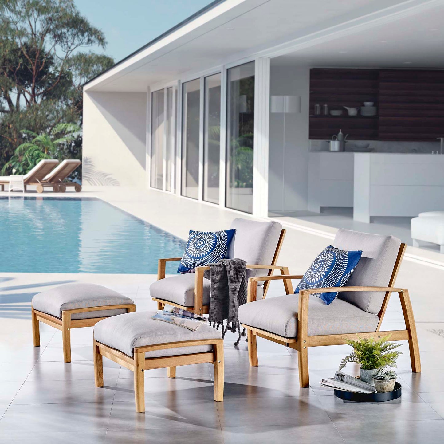 Orlean 4 Piece Outdoor Patio Eucalyptus Wood Set, Wood, Brown Natural Light Grey Gray, 18546