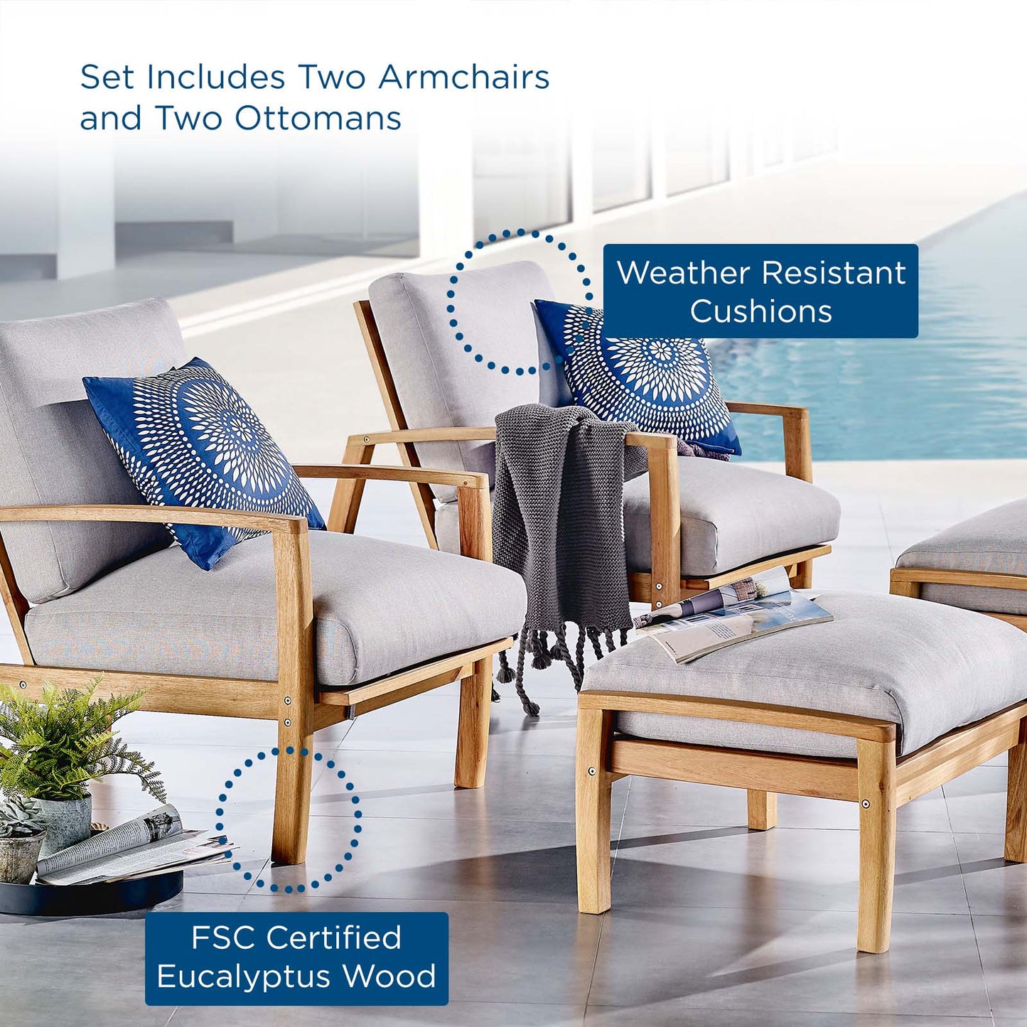 Orlean 4 Piece Outdoor Patio Eucalyptus Wood Set, Wood, Brown Natural Light Grey Gray, 18546