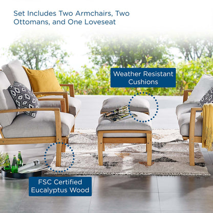 Orlean 5 Piece Outdoor Patio Eucalyptus Wood Set, Wood, Brown Natural Light Grey Gray, 18547