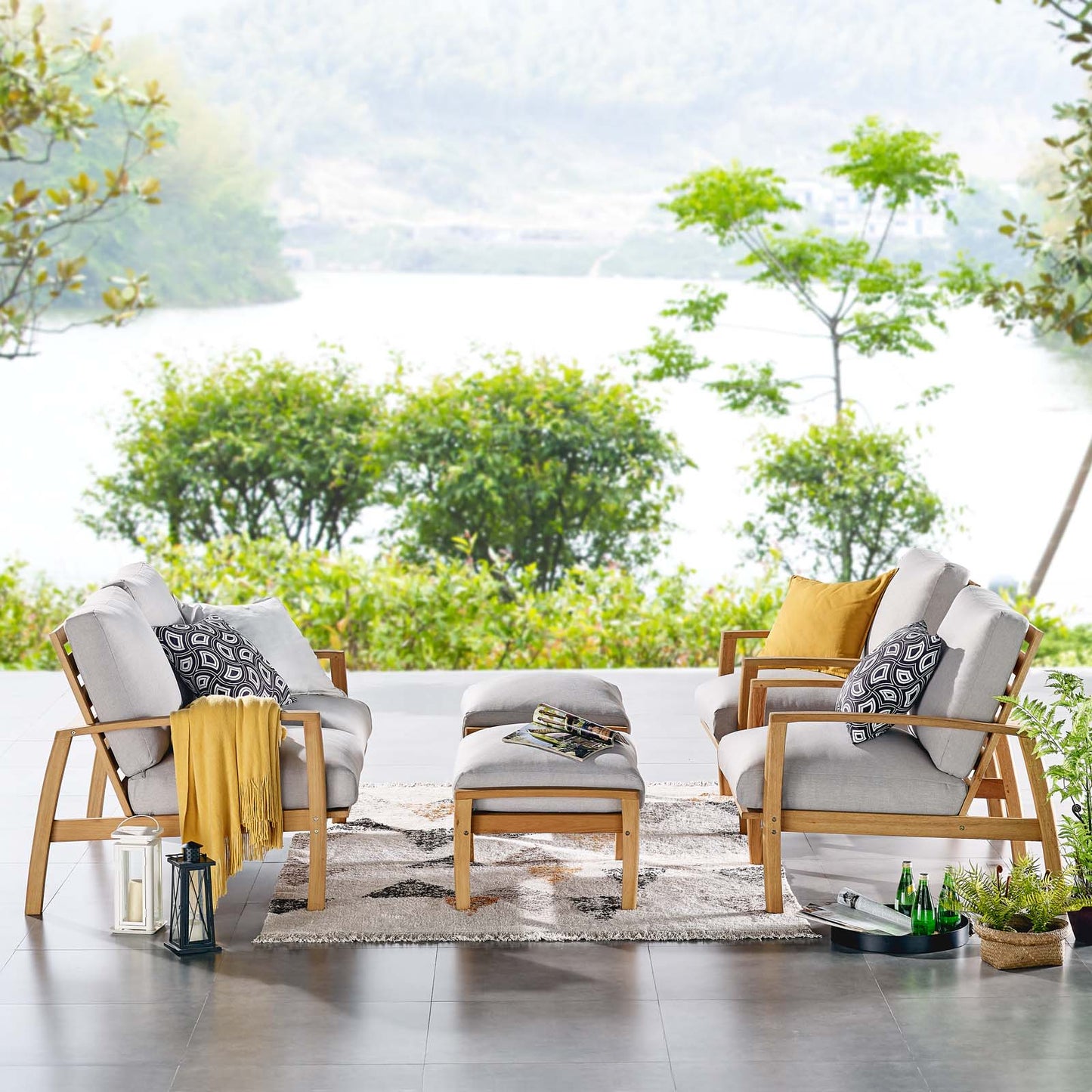 Orlean 5 Piece Outdoor Patio Eucalyptus Wood Set, Wood, Brown Natural Light Grey Gray, 18547