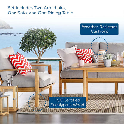 Orlean 4 Piece Outdoor Patio Eucalyptus Wood Set, Wood, Brown Natural Light Grey Gray, 18552