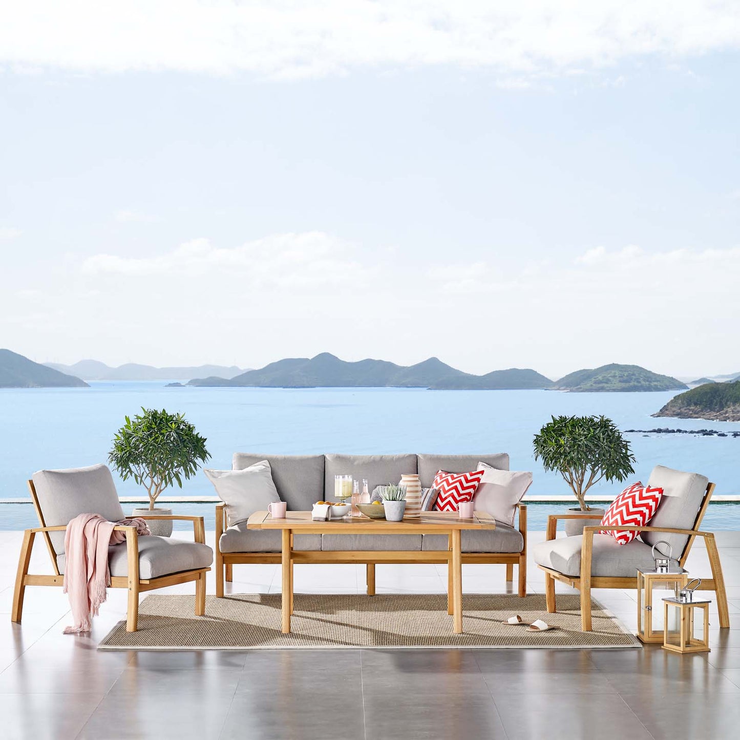 Orlean 4 Piece Outdoor Patio Eucalyptus Wood Set, Wood, Brown Natural Light Grey Gray, 18552